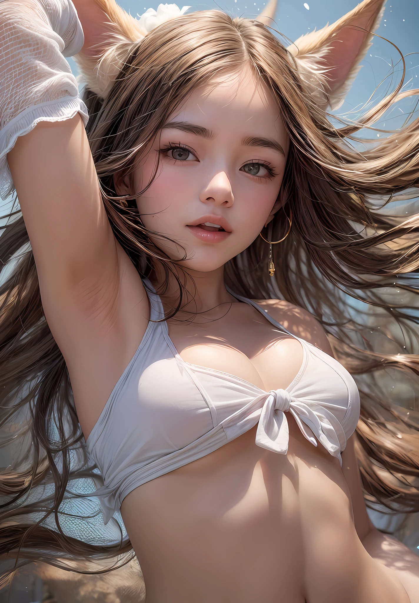 Please create a portrait of a joyful teenage girl wearing a charming outfit - a furry, fluffy, crop top bikini made of faux fur - with cute dog ears and fluffy dog paw gloves, immersing herself in the playful role of a lovable canine companion. Her long brown hair dances in the wind as she beams with youthful exuberance. This high-spirited teen wears a white shirt with a tie, and her costume includes a matching tail, all in harmony with the delightful dog theme.

The portrait is rendered in a hyperrealistic style, capturing every intricate detail. The softness of her dog ears, the adorable paw gloves tightly held, and the sparkle in her eyes, full of playfulness, are skillfully depicted. The background complements the portrait, featuring a sunny and vibrant park,

The artwork brings out the true essence of her joy, and the photorealistic rendering brings life to this delightful teenage girl as she embraces the joy of being a playful dog. The portrayal showcases her carefree spirit and adds a touch of magic to the enchanting scene.