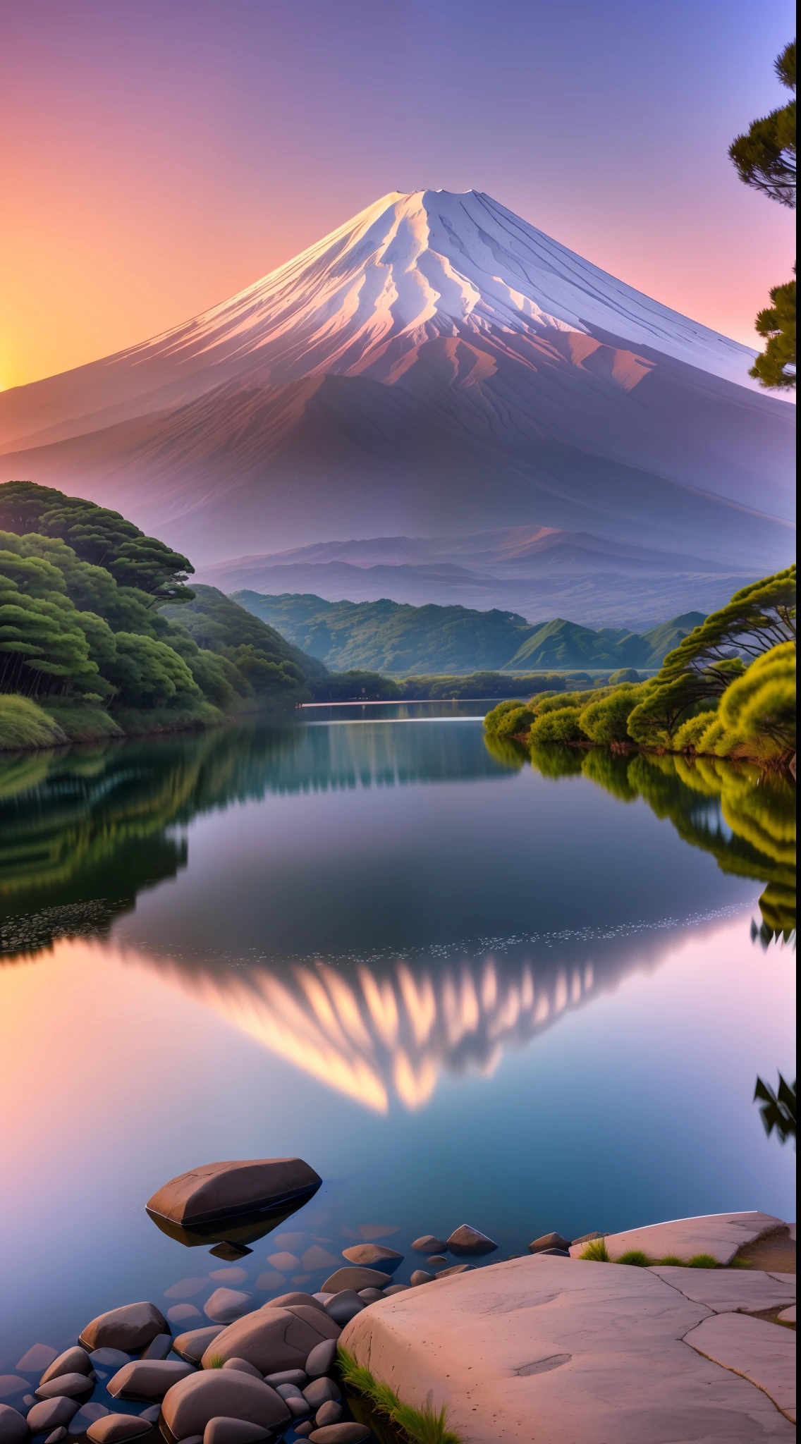 Mountains and trees are reflected in the river at sunset, Mount of Destiny, Amazing landscape image, New Zealand, Stunning scenery, Volcanic landscape, Breathtaking scenery, Nature of Japan, Monte Fuji, Beautifully lit landscape, Installation of the volcano, Mt. Fuji, Mystical setting, Amazing scenery, Popular at 5 0 0 px, Popular on 500px, Reflecting Mount Fuji, 64k