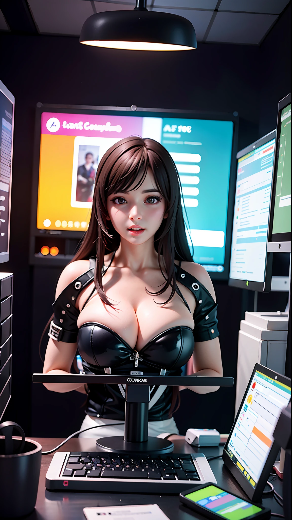 ((Best quality)), ((masterpiece)), (highly detailed:1.3), 3D, beautiful (cyberpunk:1.3) female hacker with thick voluminous hair operating a computer terminal, computer servers, LCD screens, fibre optic cables, corporate logos,HDR (High Dynamic Range),Ray Tracing,NVIDIA RTX,Super-Resolution,Unreal 5,Subsurface scattering,PBR Texturing,Post-processing,Anisotropic Filtering,Depth-of-field,Maximum clarity and sharpness,Multi-layered textures,Albedo and Specular maps,Surface shading,Accurate simulation of light-material interaction,Perfect proportions,Octane Render,Two-tone lighting,Low ISO,White balance,Rule of thirds,Wide aperature,8K RAW,Efficient Sub-Pixel,sub-pixel convolution,luminescent particles,