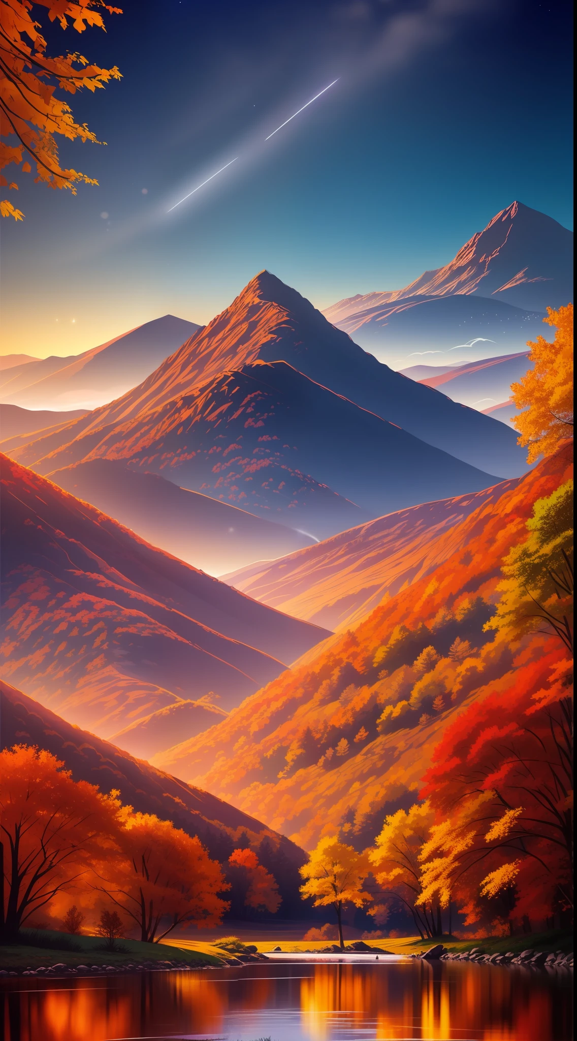 Magical landscapes,Bright color,Mountain Scene,Floating leaves,autumn,Yellow-red light and shadow,A Magical Dream,Shooting stars in the sky,the night, 64k