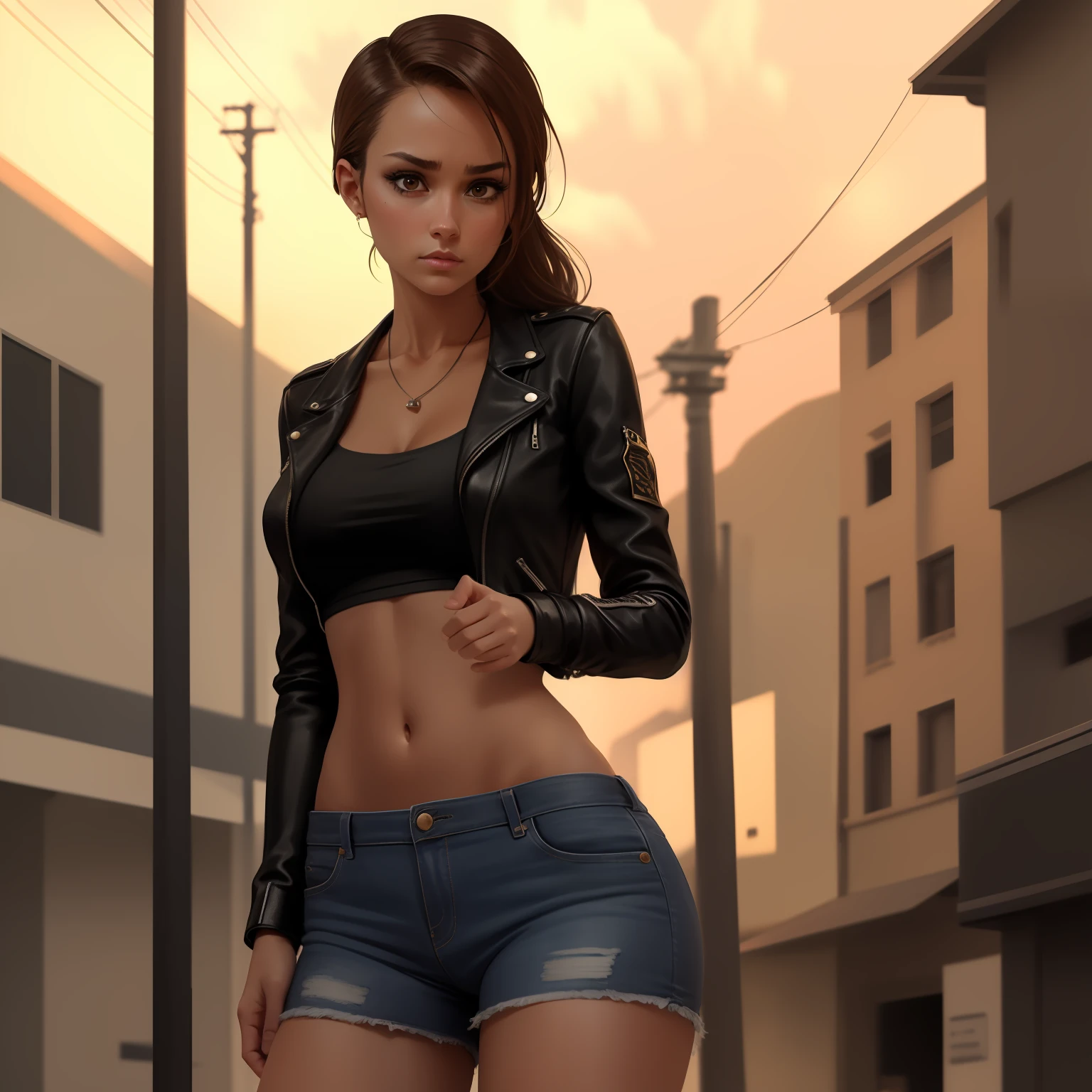 She looks a bit like Jessica Alba, Beautiful Brazilian girl, brown hair in a ponytail, 18 years old, beautiful thin figure symmetrical eyes, (beautifully detailed face, beautiful detailed eyes), dramatic lighting, (photo realism:1. 4), realistic, sharp focus, HD, highly complex, intricate, photography, hyperrealism, hyperrealistic, raytracing, physics-based rendering, ((8k, RAW photo, masterpiece), High detail RAW color photo, (highest quality), (best shadow), (best illustration), ultra high resolution, highly detailed CG unified 8K wallpapers), rim lighting, vivid color, post-processing, vibrant, color grading, She's standing in the middle of a busy street, cars are driving all around, It's raining, She's wearing a black jacket and blue jeans, She's sad