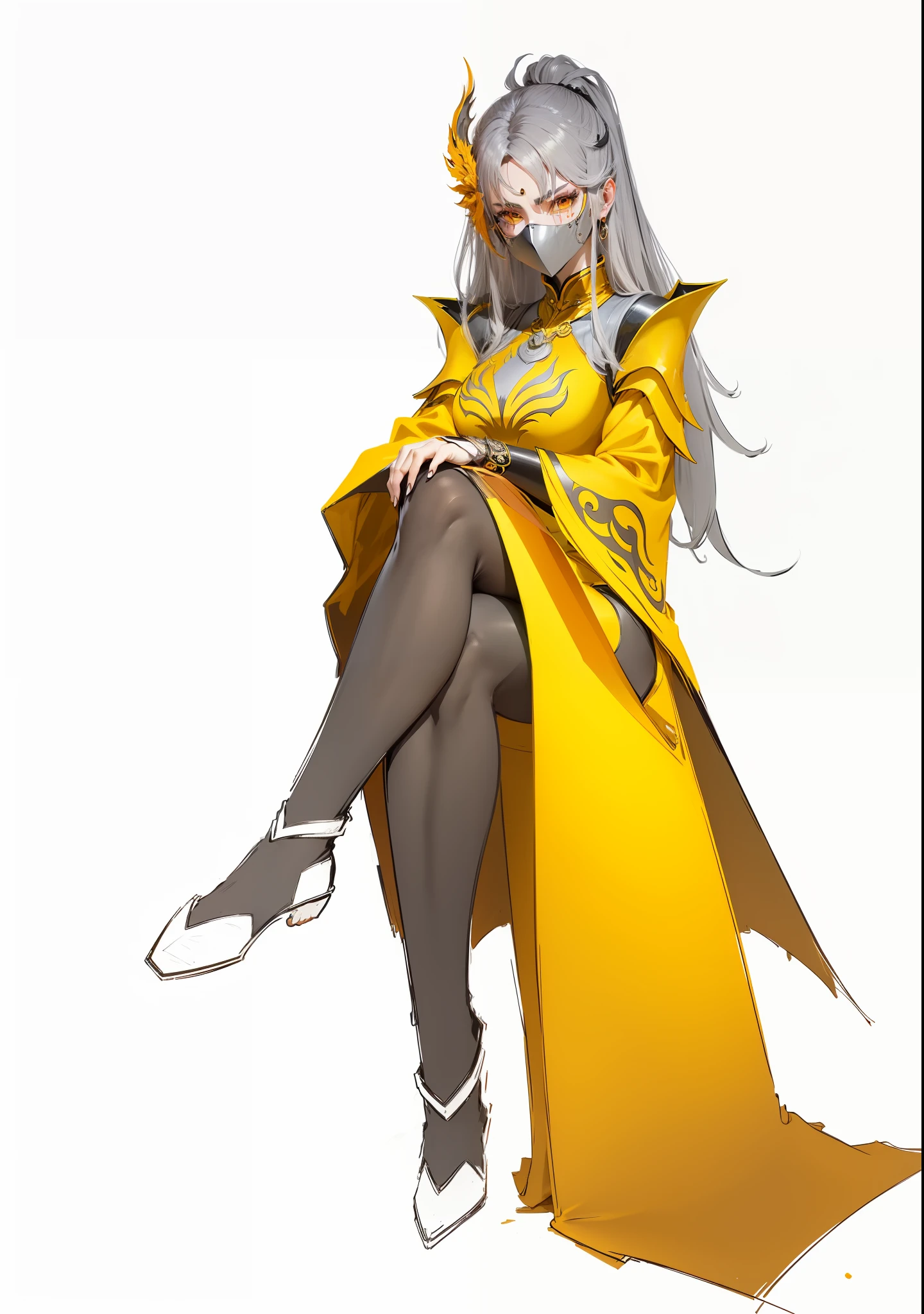 The upper half of the eyes are covered with a metal mask，Wearing black silk，Long legs，Wearing a yellow and orange gradient costume，Orange-yellow gradient，Left and right shoulder armor shoulder armor，Clothes phoenix element，Metal trim on the edges of clothes，Original Drawing，Full body anime characters sitting，Xianxia，ccurate，chiaroscu