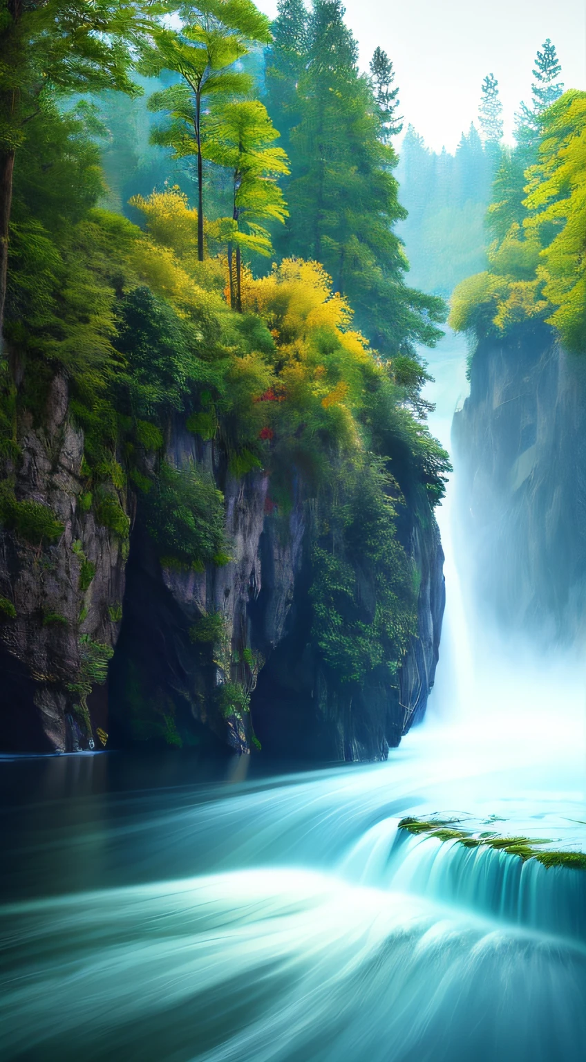 Analog style,ChromaV5,nvinkpunk,(extremely detailed CG unity 8k wallpaper),An image of a majestic river, trees on the sides, tiny waterfall, intense fog ,award winning photography, Chromatic Aberration, Detailed , HDR, Bloom, style by Monet, Pissarro, and Sisley ,trending on ArtStation, trending on CGSociety, art by midjourney