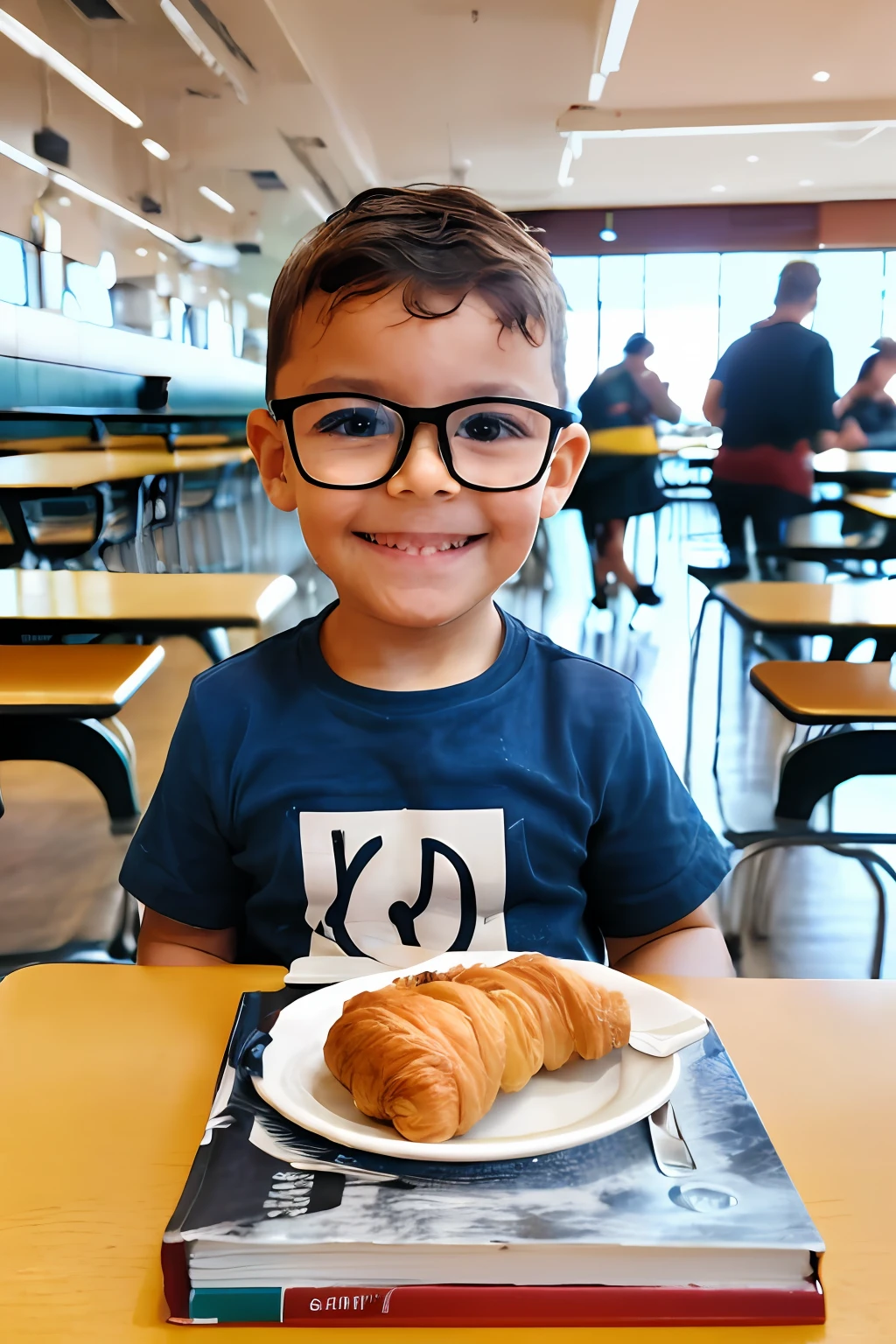 guttonerdjul23, Portrait of a happy 3-year-old boy wearing glasses, sentado em uma ((((cafeteria ao ar livre em londres))), with coffee and croissant on your table