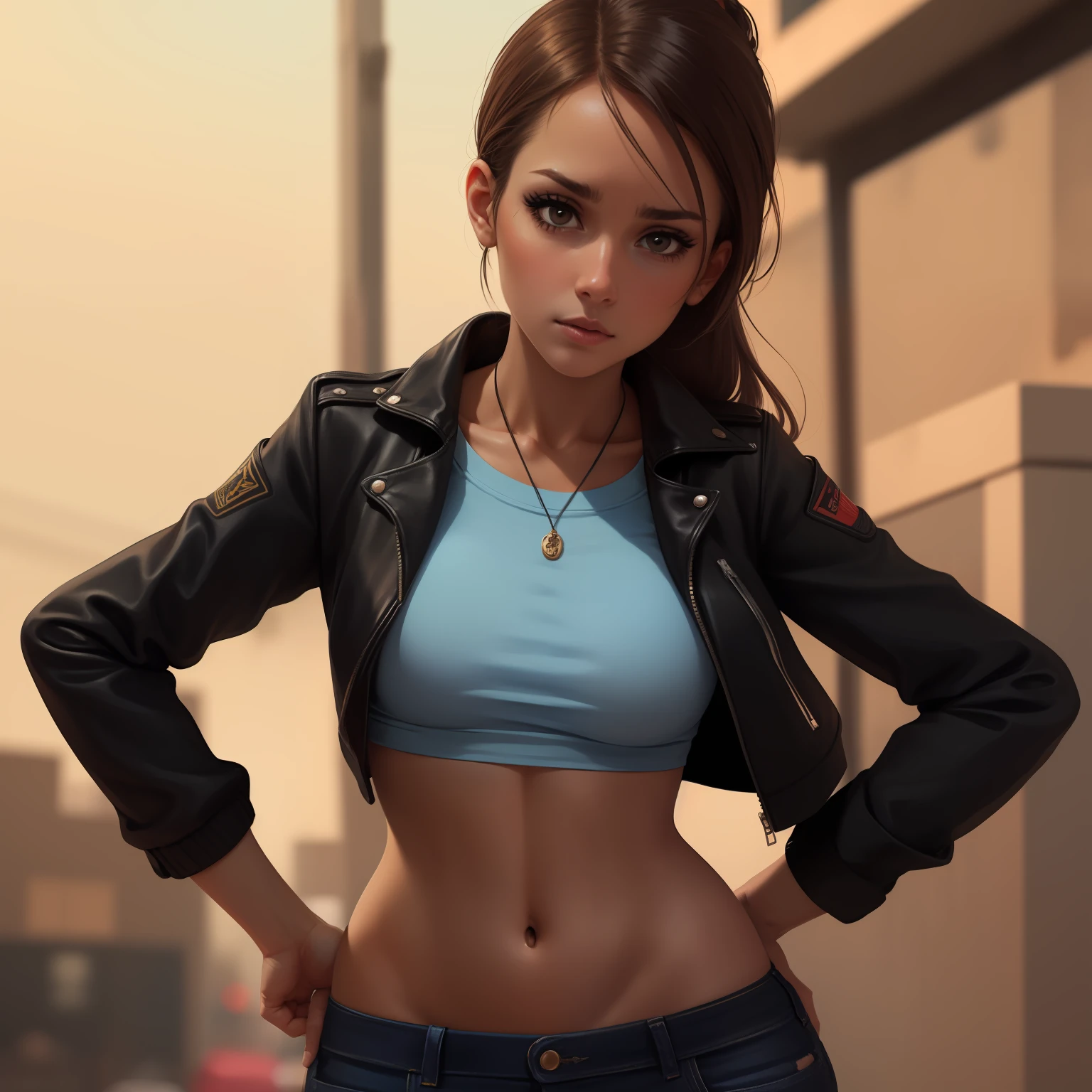 She looks a bit like Jessica Alba, Beautiful Brazilian girl, brown hair in a ponytail, 18 years old, beautiful thin figure symmetrical eyes, (beautifully detailed face, beautiful detailed eyes), dramatic lighting, (photo realism:1. 4), realistic, sharp focus, HD, highly complex, intricate, photography, hyperrealism, hyperrealistic, raytracing, physics-based rendering, ((8k, RAW photo, masterpiece), High detail RAW color photo, (highest quality), (best shadow), (best illustration), ultra high resolution, highly detailed CG unified 8K wallpapers), rim lighting, vivid color, post-processing, vibrant, color grading, She's standing in the middle of a busy street, cars are driving all around, It's raining, She's wearing a black jacket and blue jeans, She's sad