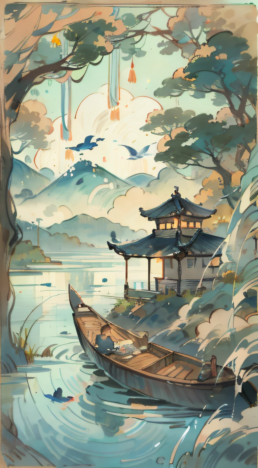 16k,Dr,Chinese classicism，Paddle on the blue lake，Stir up slow ripples，A person sits on the edge of the stern，Hood，with no face，Feet touching the surface of the water，The small stove beside me burned the smoke of the circle，The sky is dotted with white clouds, But very light，The mountains in the distance are endless，A thousand miles away，Birds soar through the air，Fish playing in the water should still be visible，The water is clear，Mountain view from top to bottom，The picture is beautiful。