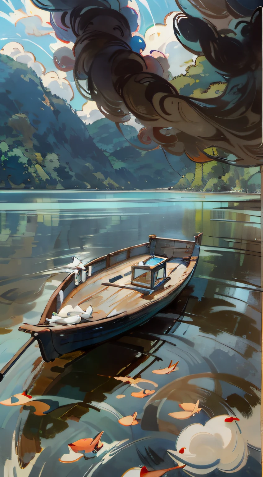 16k,Dr,Chinese classicism，Paddle on the blue lake，Stir up slow ripples，A person sits on the edge of the stern，Hood，with no face，Feet touching the surface of the water，The small stove beside me burned the smoke of the circle，The sky is dotted with white clouds, But very light，The mountains in the distance are endless，A thousand miles away，Birds soar through the air，Fish playing in the water should still be visible，The water is clear，Mountain view from top to bottom，The picture is beautiful。