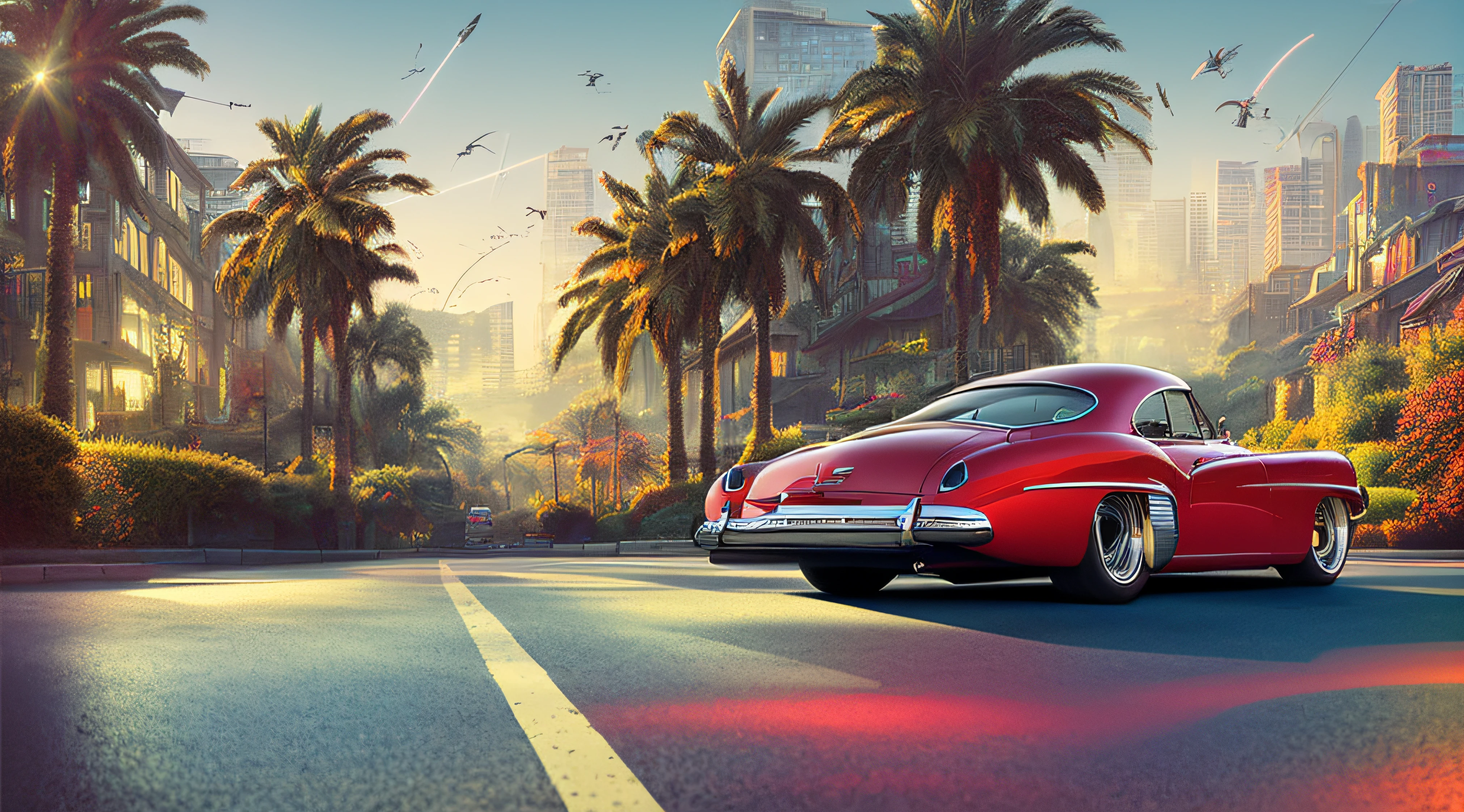 (masterpiece), (best quality), (magnificent art), Photorealist, 1car, (40's tuned Calhambeque with golden wheels and intricate details bordeaux red: 1.15), summer weather, wet asphalt, california mountains, dynamic pose, vivid colors, high contrast, warm and soft luminosity, (sparks: 0.7), Adobe Illustration, Trending on Artistation, hyper detailed, lighting by Don Casmurro, white background