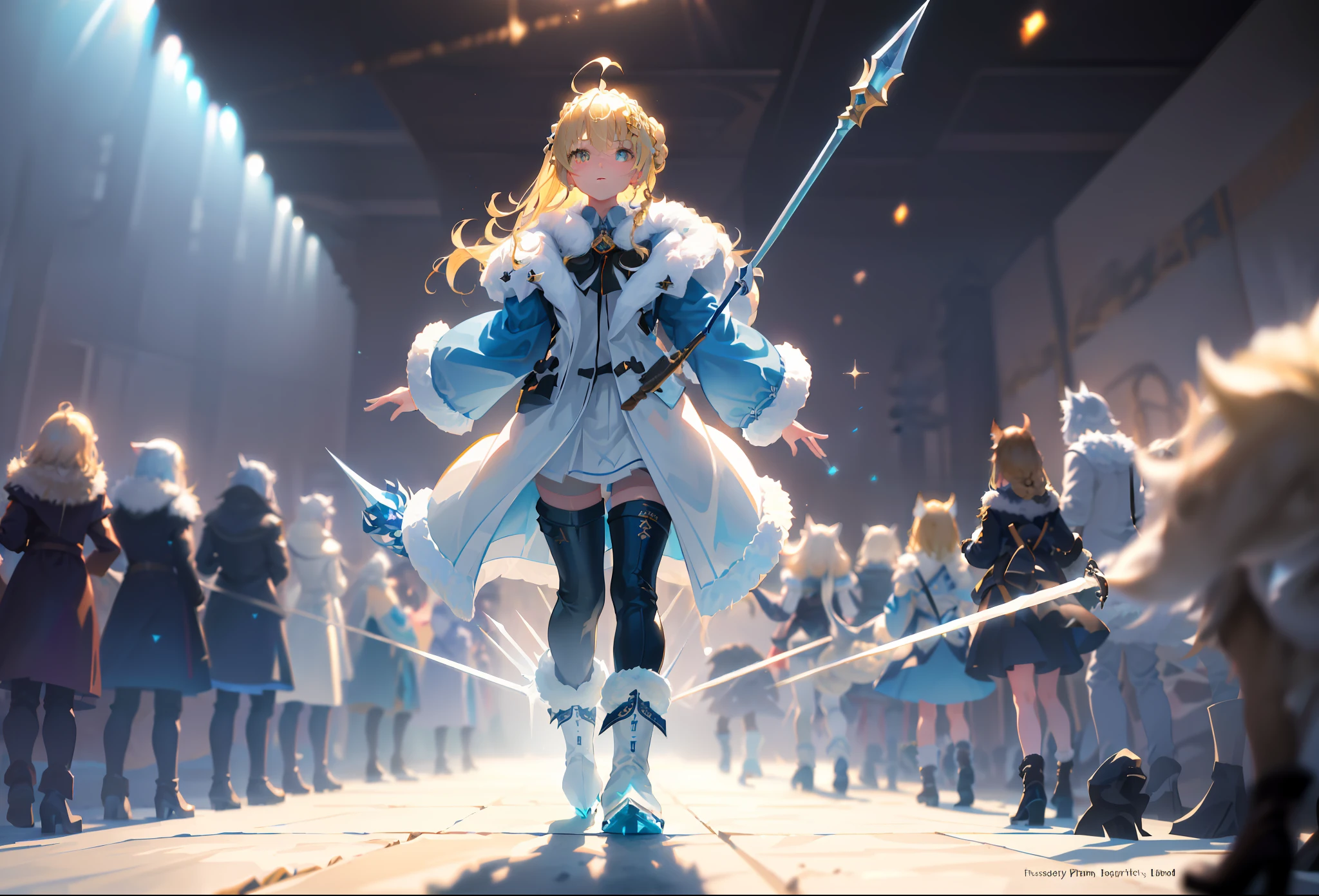 solo focus, (masterpiece), best quality, ultra-detailed, illustration, fantasy, (wide_shot:1.2), (from below, dutch_angle), (letterboxed),
dutch angle, (((1girl, (ahoge, long, french braid blonde hair) (blue fur-trimmed coat, white Nordic runes) (brown leather pants) (fur boots) (holding ice spear)))), walking,
(a group of wolves running in background:1.3),
light_particles, caustics, cinematic lighting, HDR, (volumetric lighting), (blurry foreground:1.3), (sharp focus:1.1), (particleA:0.8), (in the style of dispersion)