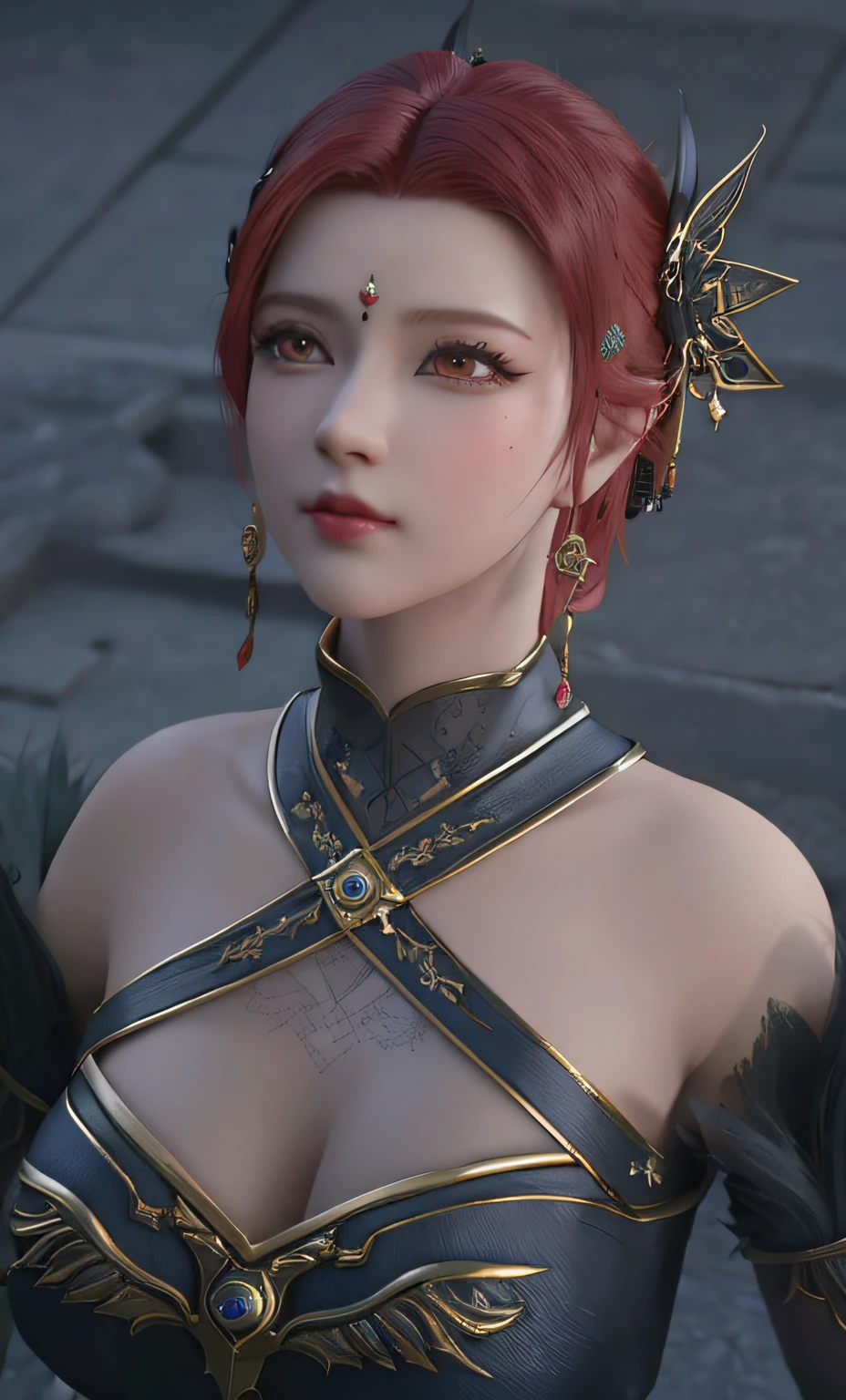 Arakfi woman with red hair and black shirt poses for a photo, hyper-detailed fantasy character, cinematic goddess close shot, close up character, 4 K detail fantasy, 3 D rendering character art 8 K, a beautiful fantasy empress, elegant cinematic pose, character close up, Inspired by Lan Ying, Close-up of people, digital fantasy character, Rendu portrait 8k