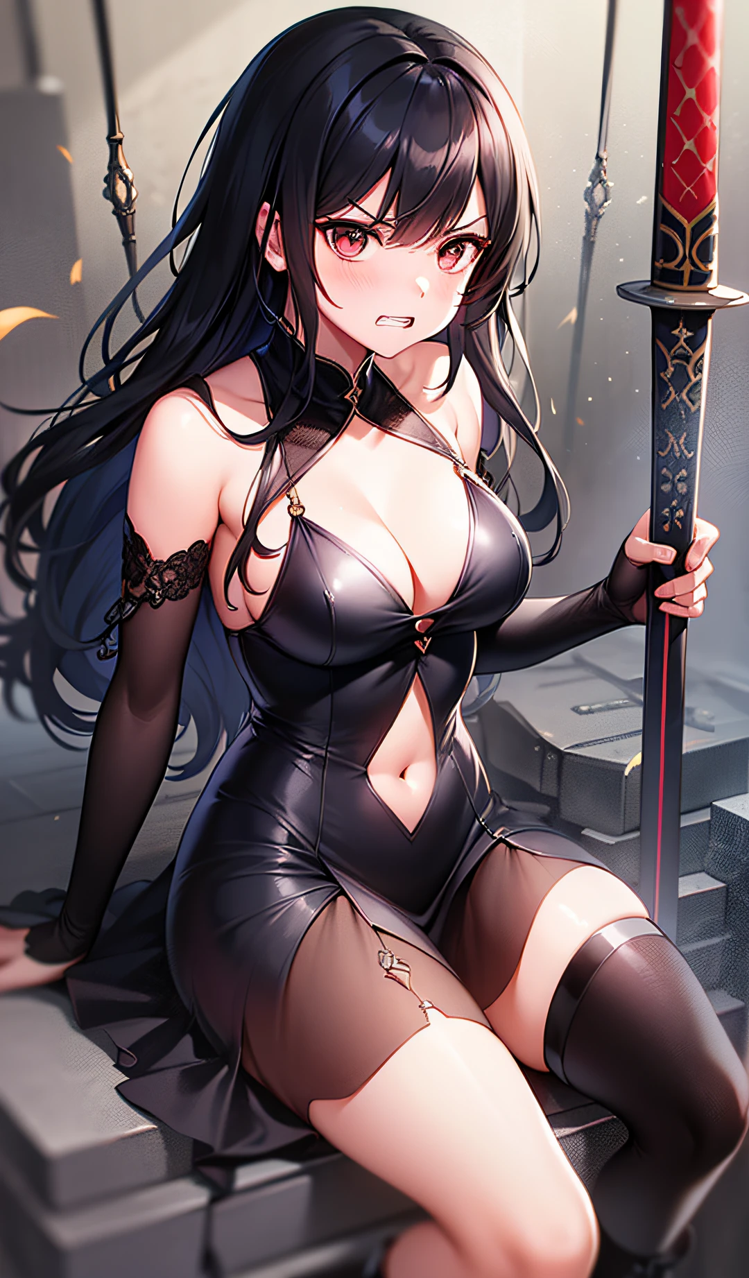 (the Extremely Detailed CG Unity 8K Wallpapers)、(((masterpiece)))、(((top-quality)))、((ultra-detailliert))、(Best Illustration)、(The best shadow)、(((ann) extremely delicate and beautiful))、dynamic ungle、1women、((Women on the battlefield))、Sateen、flowing_hair、long_black_hair、red_eyes、Wet see-through dress、magic hour、full body、sword、Swing your sword、(angry、clenched teeth)、bangss、very very kawaii、black_dress、black_hair、独奏、bare_shoulders、bare navel、lare breasts、medium_breast、Military Personnel、boots、