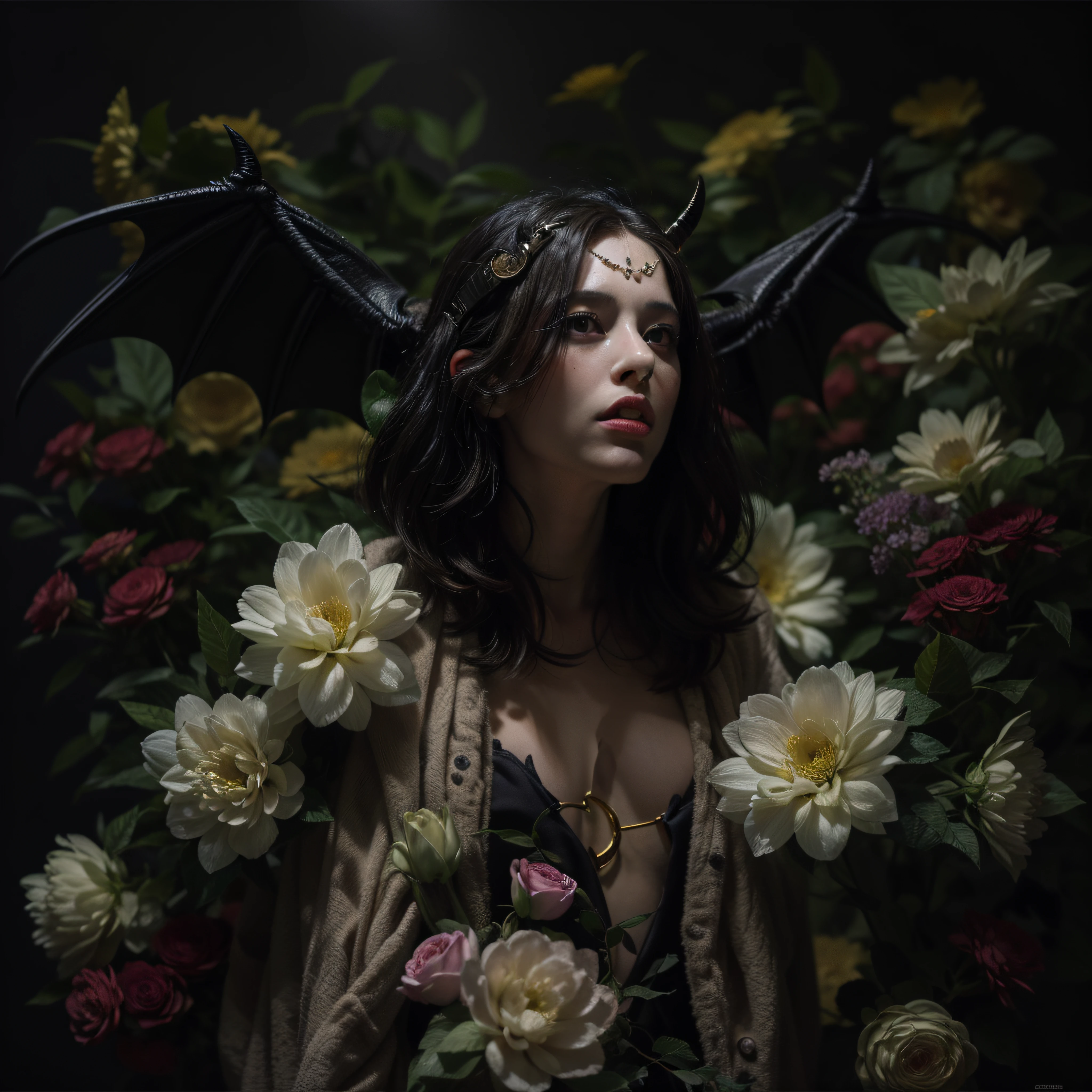 "((obra maestra))(The best lighting, alto contraste, oscuro, dramatic, Acabado fotorrealista),(manchas y desperfectos como de daguerrotipo).(Woman with Bat Wings, fondo lleno de flores),(Baphometh saca la lengua), viejos, Serpientes. Luz Caravaggio"
