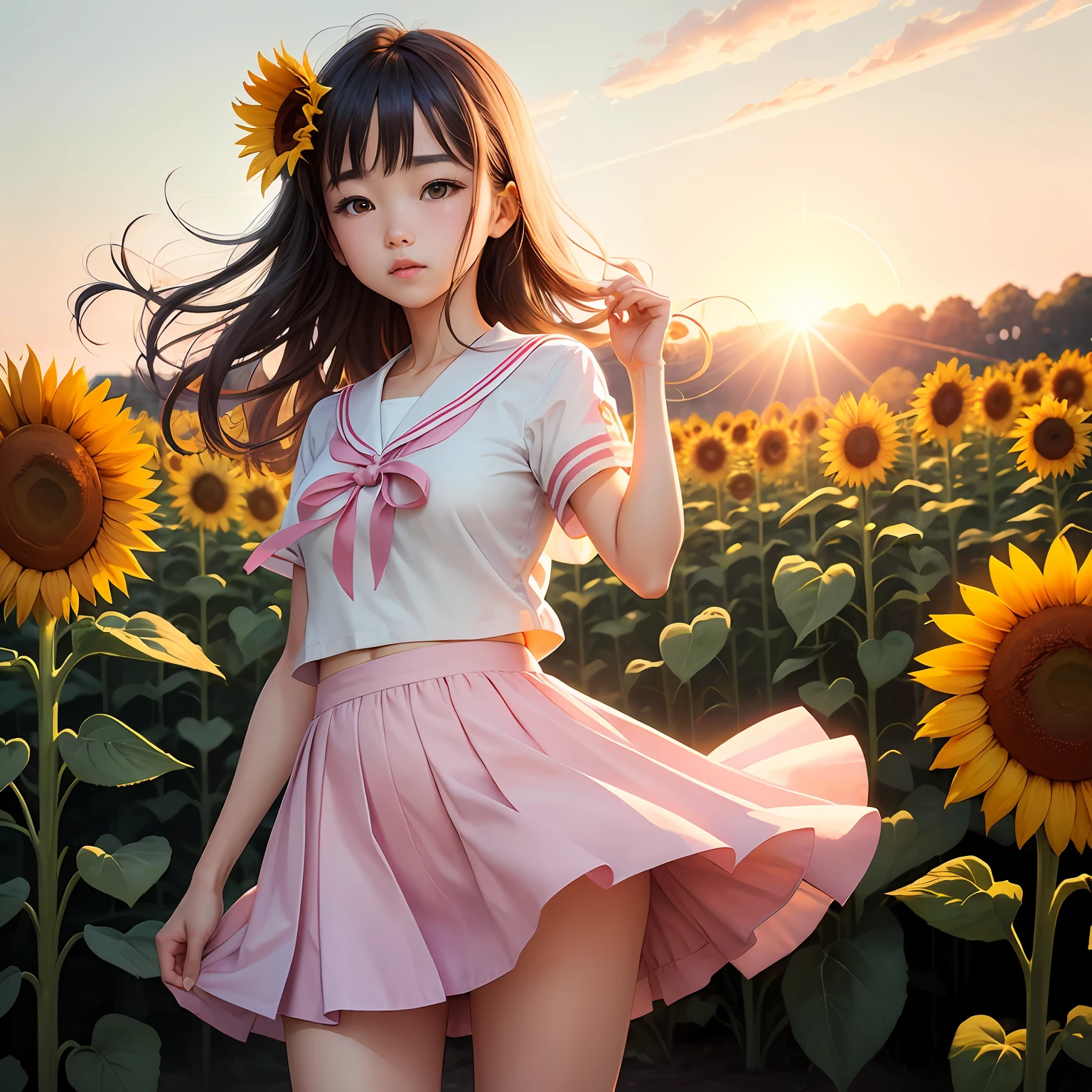 Beautiful morning sun looking at sunflower fields、The image of a high school girl standing there shines。She wears a pale pink sailor suit.、Short skirt swaying in the wind。 --auto