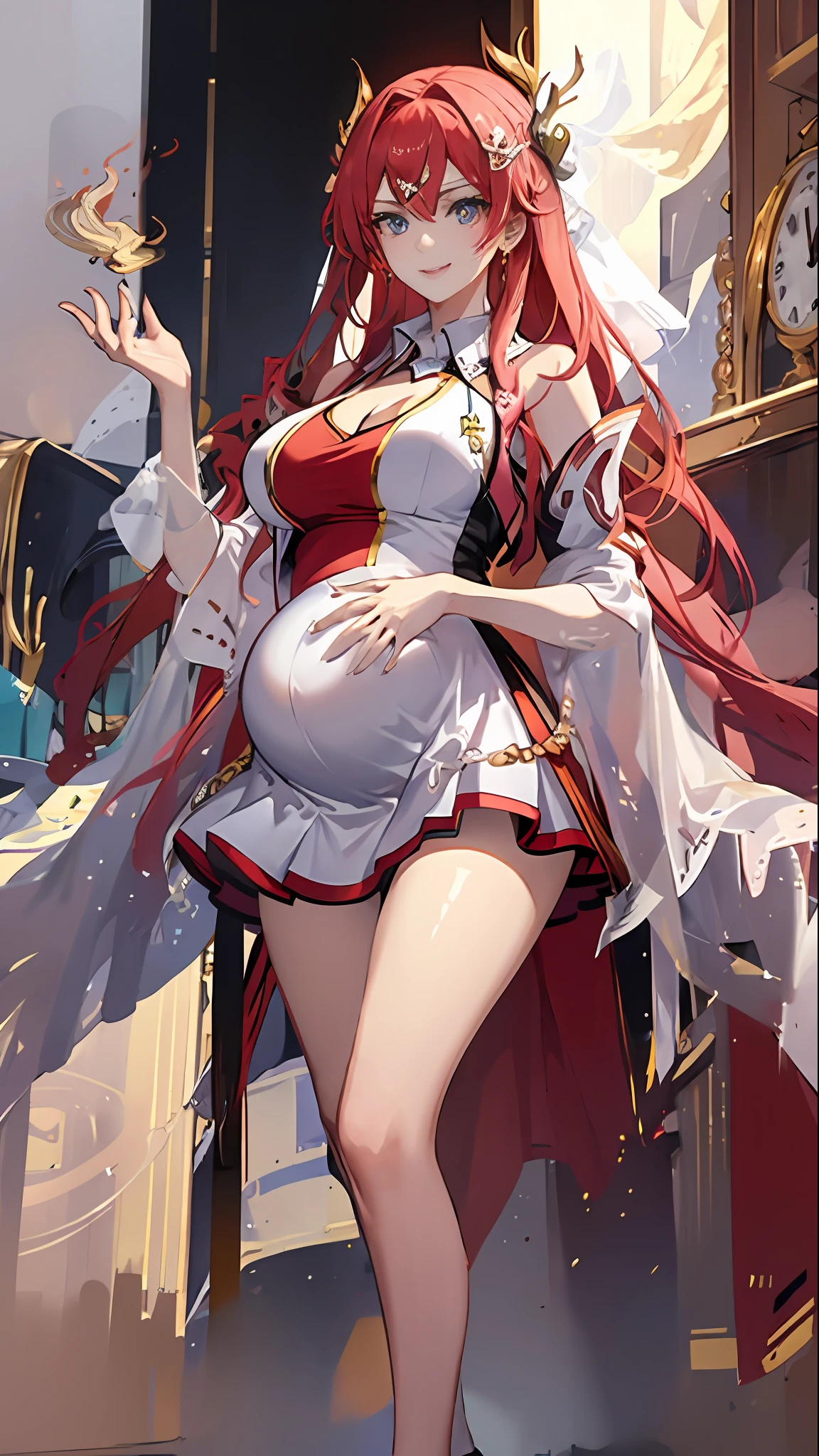 hoang lap、tmasterpiece、Best quality、realisticlying、Hyper-detailing、（Shiny skin，sweat leggs:1.4）、Slim、Look at the audience、1girll、Solo、tennis wear、White polo shirt、White sneakers、white mini-skirt、long whitr hair、redheadwear、eBlue eyes、（thick thight:0.5）、动态照明、A high resolution、sharp fokus、depth of fields、Large breasts，Pregnant belly，Pregnant women with，a navel，A pair of hands，ssmile，Eyes are loving，Lines of a tight grid，perfect bodies，Wearing white stockings