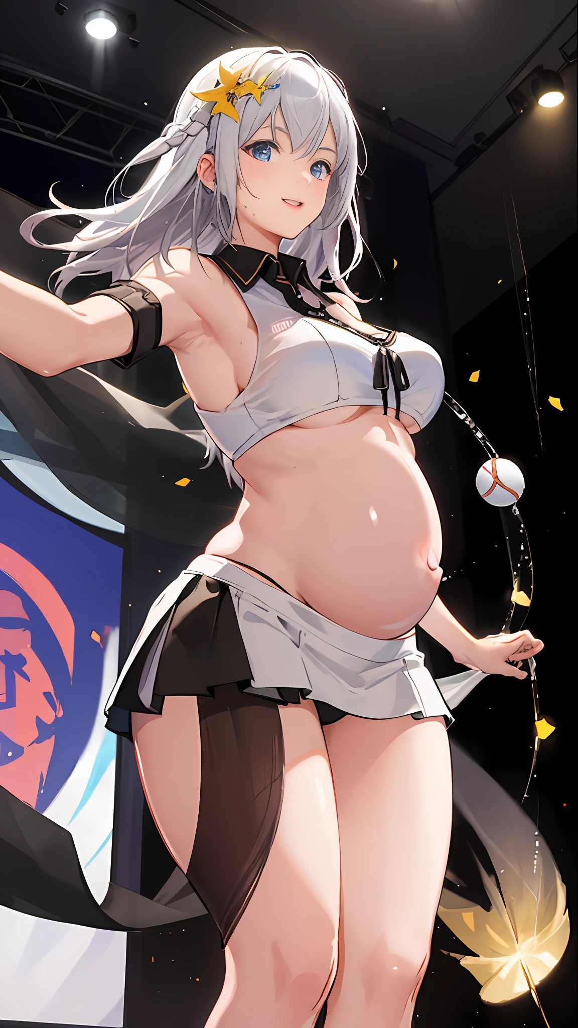 hoang lap、tmasterpiece、Best quality、realisticlying、Hyper-detailing、(Shiny skin,sweat leggs:1.lim、Look at the audience、1girll、Solo、tennis wear、White polo shirt、White sneakers、white mini-skirt、long whitr hair、silber hair、eBlue eyes、(thick thight:0.5)、动态照明、A high resolution、sharp fokus、depth of fields、Large breagnant belly,Pregnant women with,a navel,A pair of hands,ssmile,Eyes are loving,Lines of a tight grid,perfect bodies,Wearing white stockings