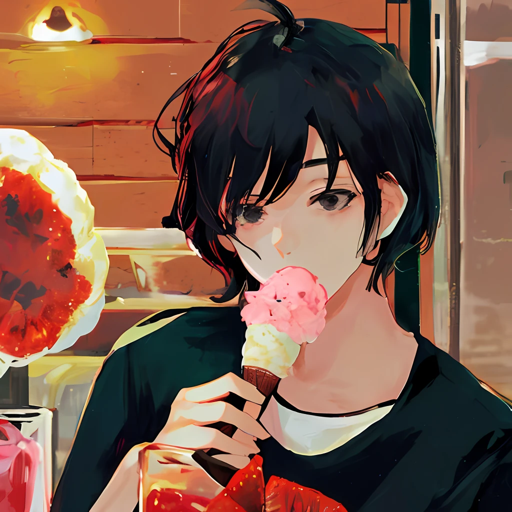 boy with black hair, black eyes, eating strawberry ice cream