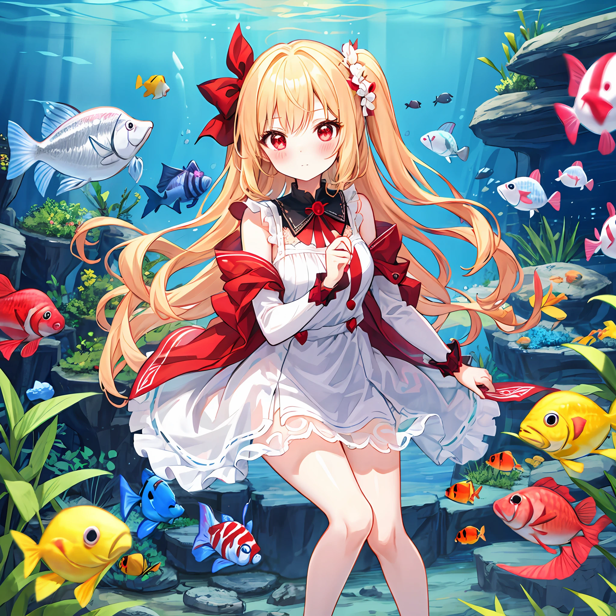 red blush、Wavy blonde hair、red eyes、Beautiful girl alone、animesque、独奏、Dresses in bright colors、a miniskirt、lonely、aquariums