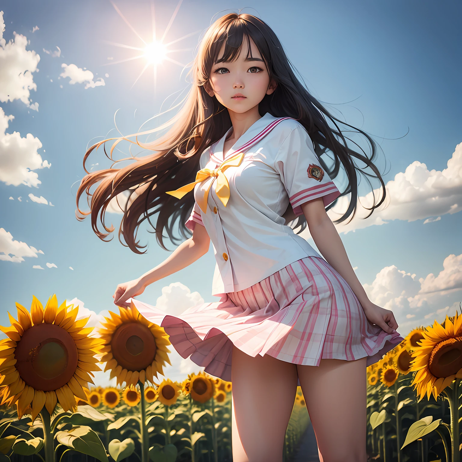 Beautiful morning sun looking at sunflower fields、The image of a high school girl standing there shines。She wears a pale pink sailor suit.、Short skirt swaying in the wind。 --auto