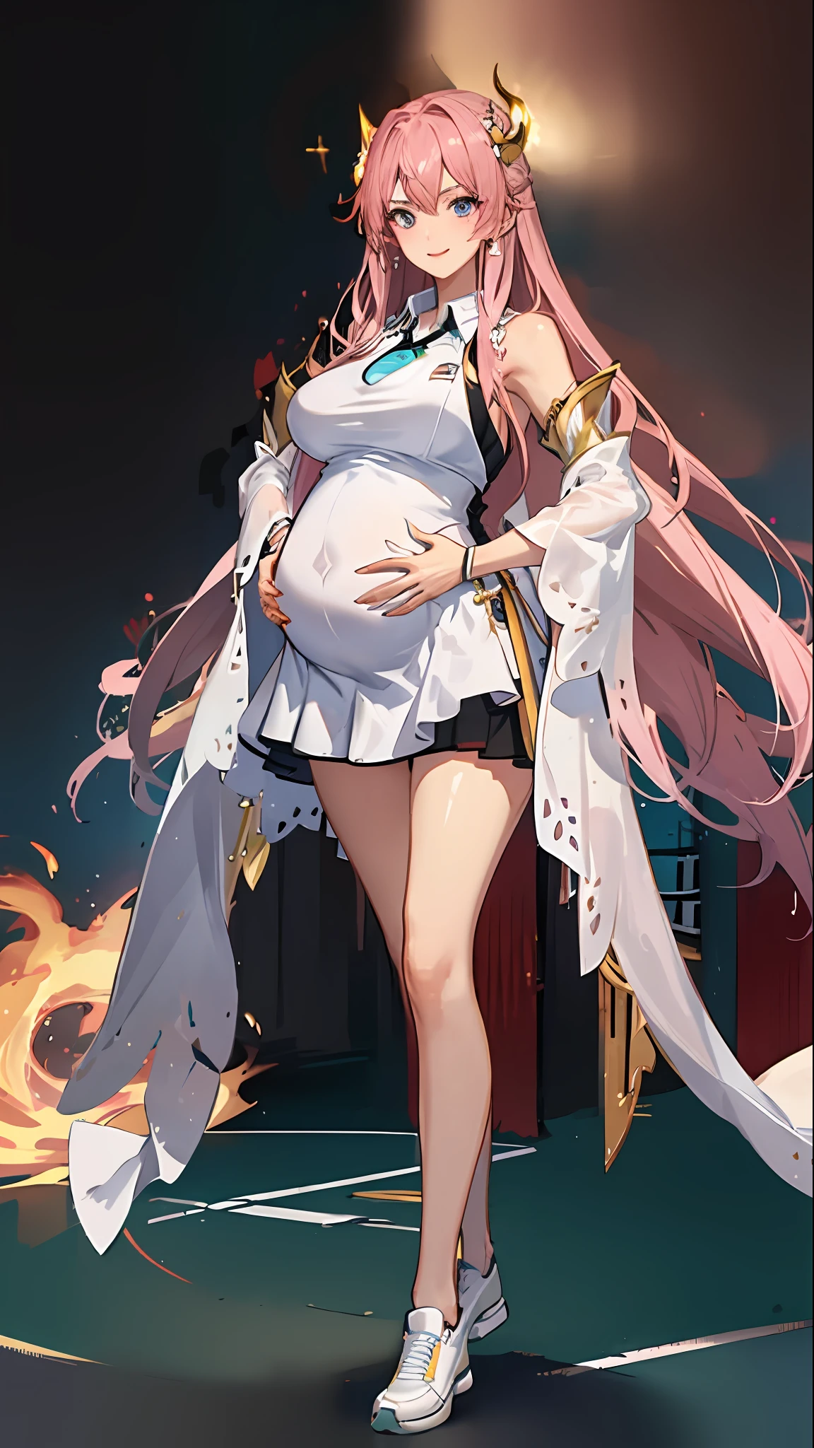 hoang lap、tmasterpiece、Best quality、realisticlying、Hyper-detailing、(Shiny skin,sweat leggs:1.4)、Slim、Look at the audience、1girll、Solo、tennis wear、White polo shirt、White sneakers、white mini-skirt、long whitr hair、silber hair、eBlue eyes、(thick thight:0.5)、动态照明、A high resolution、sharp fokus、depth of fields、Large breasts,Pregnant belly,Pregnant women with,a navel,A pair of hands,ssmile,Eyes are loving,Lines of a tight grid,perfect bodies,Wearing white stockings