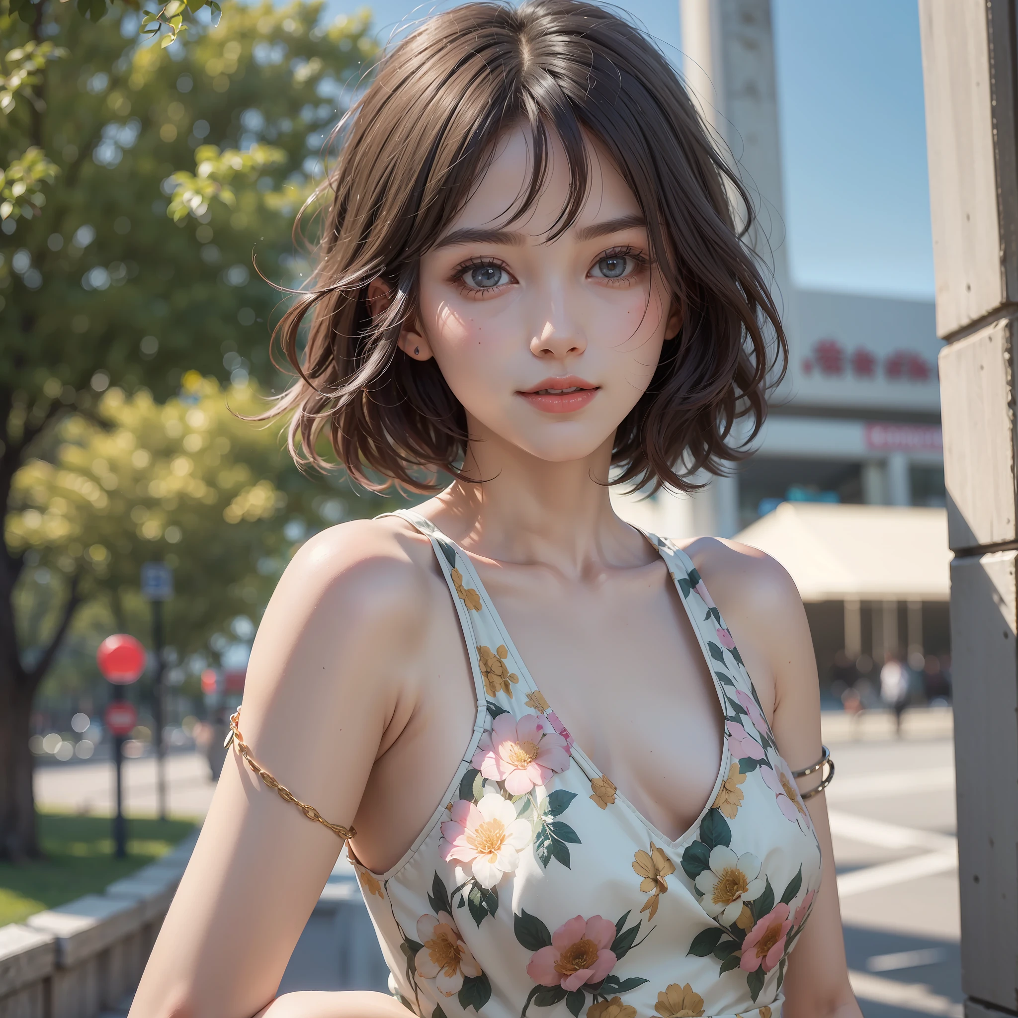 ((top-quality、8K、​masterpiece:1.3))、1girl in、ultradetailed eyes、Clear eyes、Princess Eyes、Draw accurate students、Beautiful woman emphasizing slender abs:1.3、(Random Hair Styles:1.2)、Oversized tank top:1.2、Super Detailed Face、detailedeyes、二重まぶた、hairarmpits、(airport:1), PM, (Doctor Gown:1), Light brown fringe shorthair, Light brown eyes, 3女の子, 20yr old, Innocence, (Photorealsitic), (intricate-detail:1.2),(​masterpiece, :1.3),(top-quality:1.4), (超A high resolution:1.2), 超A high resolution, (A detailed eye), (detailed facial features), nffsw, 8K resolution, (lensflare:0.7), Looks Back, Busy with inspection reports, Face Viewer、Floral dress、Smiling at the camera