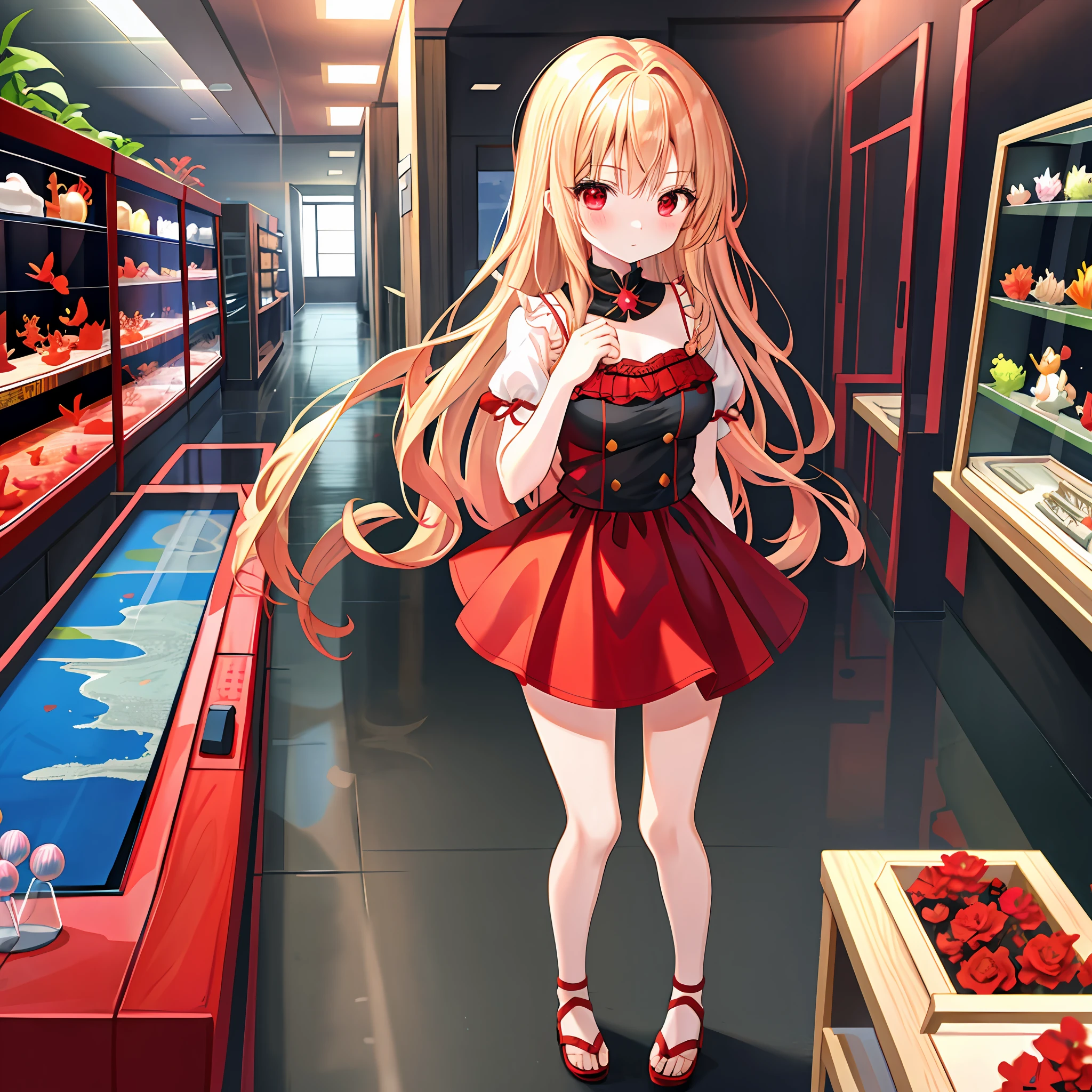 red blush、Wavy blonde hair、red eyes、Beautiful girl alone、animesque、独奏、Black Dress、a miniskirt、lonely、aquariums