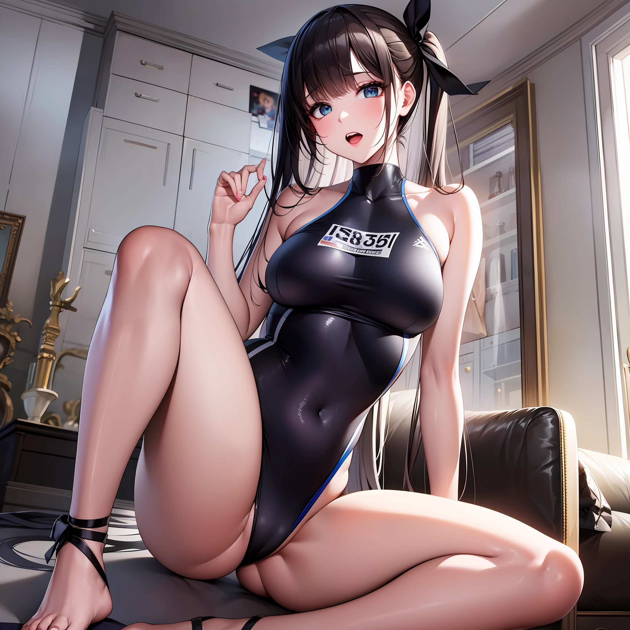 (Top quality, Masterpiece: 1.2), 1girll, Beautiful, Cute, Beautiful, Style, Sexy, elegant, Attractive, Sexy, Beautiful and Well-groomed face, Beautiful eyes, Beautiful hair, Smooth skin, Beautiful mouth, Smooth feet, Balanced body, fashionable with a change of clothes, Mizuki Yukikaze, Hair ribbon, One Pee Stun, competitive swimsuit, Black Themes,grabbing her own breasts