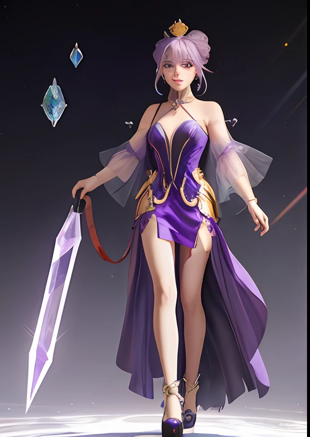 long eyelasher, solid circle eyes, Light purple hair, Expressive hair, curlies, side hair bun, Low ponytail, crown, mouth veil, Gradient eyes, Amber eyes, Purple eyes, Heterochromia, Moles under eyes, Heart-shaped pupils, Crystal earrings, Makeup, grin, surrealism, shadowing, anaglyph, stereograms, tachi-e, angle of view, Atmospheric perspective, three sided view, Wide shot, Lens flare, Wide-angle, Wide-angle, character sheets, Cubist futurism, modern, Anime, 8K, Super detail, ccurate, Best quality, Masterpiece, Anatomically correct, 16k,Sexy but conservative purple tulle maxi dress,One guy,Holy Queen,Holding a purple gemstone scepter,3D立体,Golden crown,Transparent crystal shoes,full-body portraits,divino