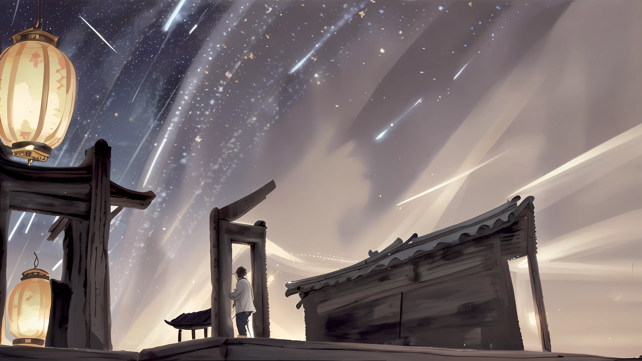 I want to generate a drawing,The painting is divided into two subjects,One for the environment,For the temple of heaven。In the temple there is a young man in a white Chinese costume,The boy's long hair fluttered,Fairy air fluttering。Stand inside the temple,Look at the night sky outside the shrine,The other main body is the night sky filled with blessing lights,The night is illuminated by countless Kong Ming lanterns。By this time,The young man was staring blankly at the countless lights rising into the sky,