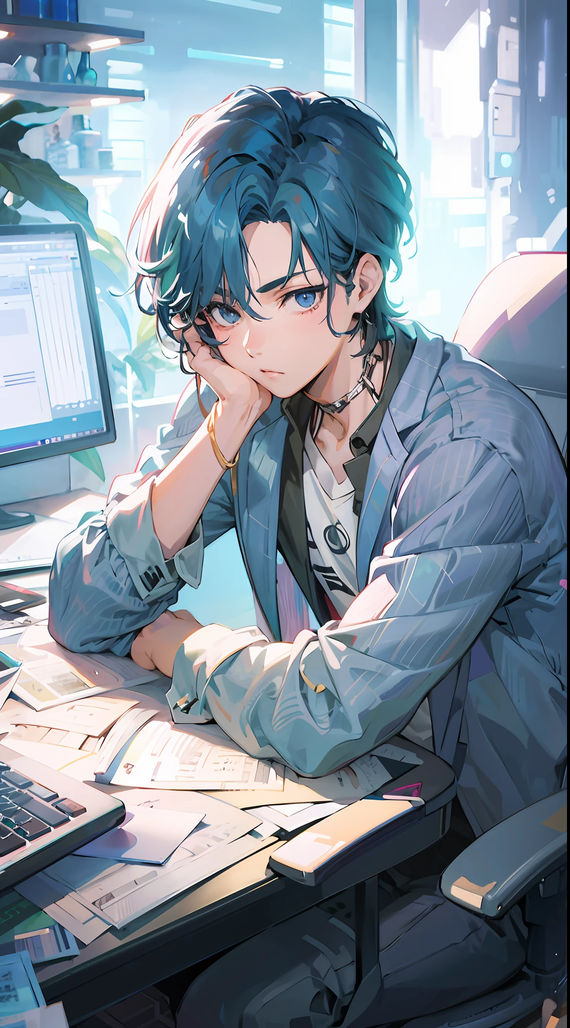 Anime boy sitting at desk with laptop and monitor, Handsome Anime Pose, sitting at his desk, digital anime illustration, by Yuumei, young anime man, anime moe art style, beautiful androgynous prince, Male anime style, digital art on pixiv, handsome guy in demon slayer art, 2 d anime style, at pixiv