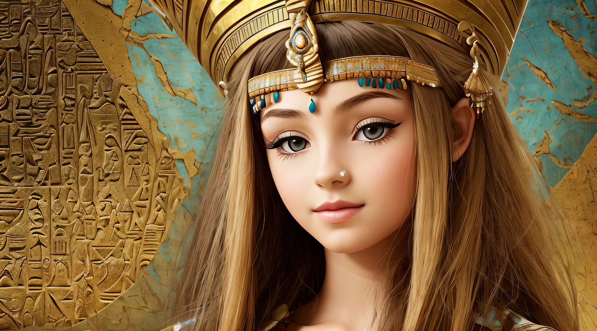 a GIRL OF CHILD blonde with long hair, A closeup of a bust of a woman wearing a hat, wearing an Egyptian crown, Nefertiti, ancient egyptian, egyptian, egyptian makeup, precise for egyptian tradition, egyptian art, makeup of egypt, beautiful and huge head ornaments, ancient egyptian art, ancient egyptian art, ancient egypt, beautiful cleopatra, Egyptian princess, ancient Libu princess