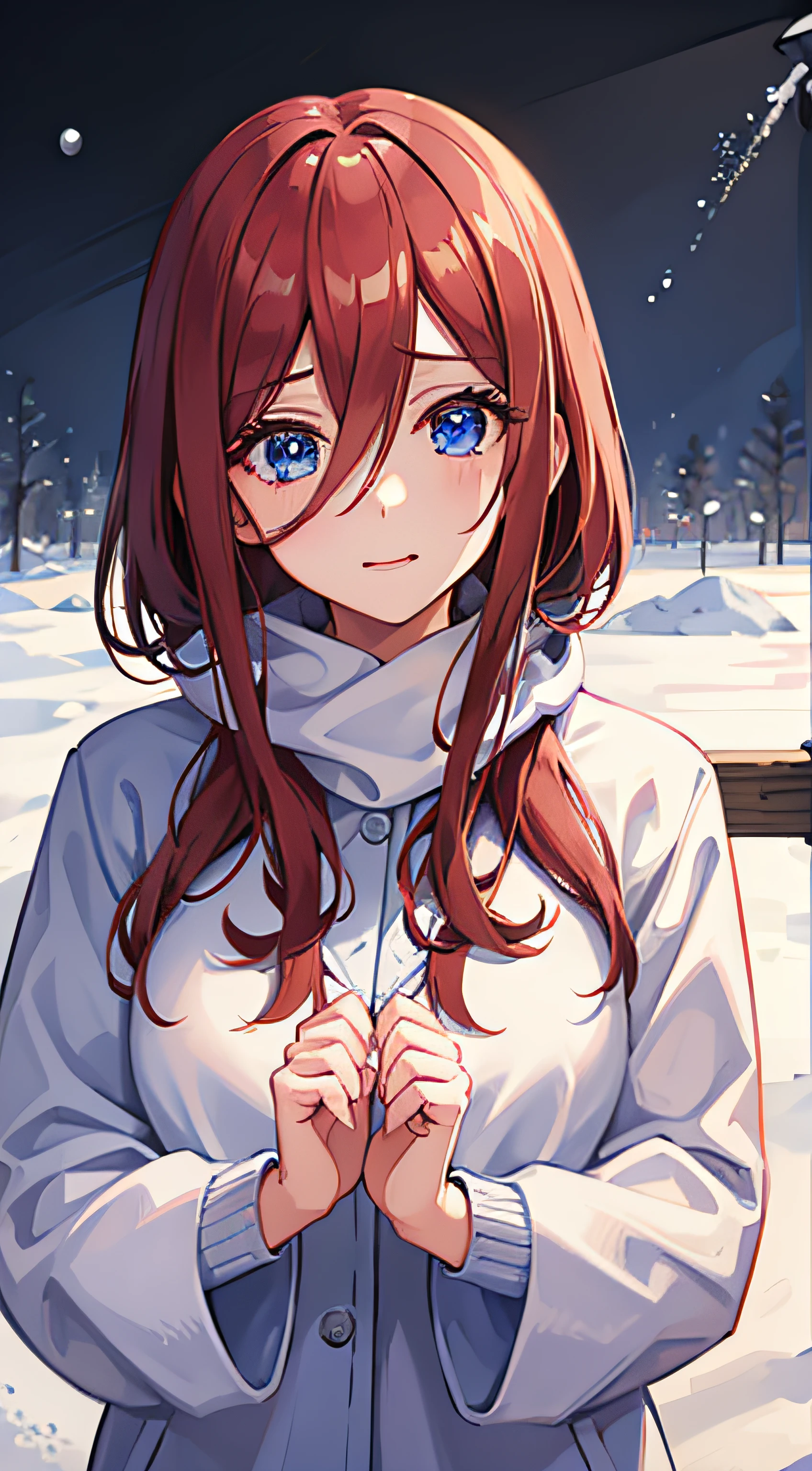 1girl, wearing winter dress, snow background, snowfall, other details