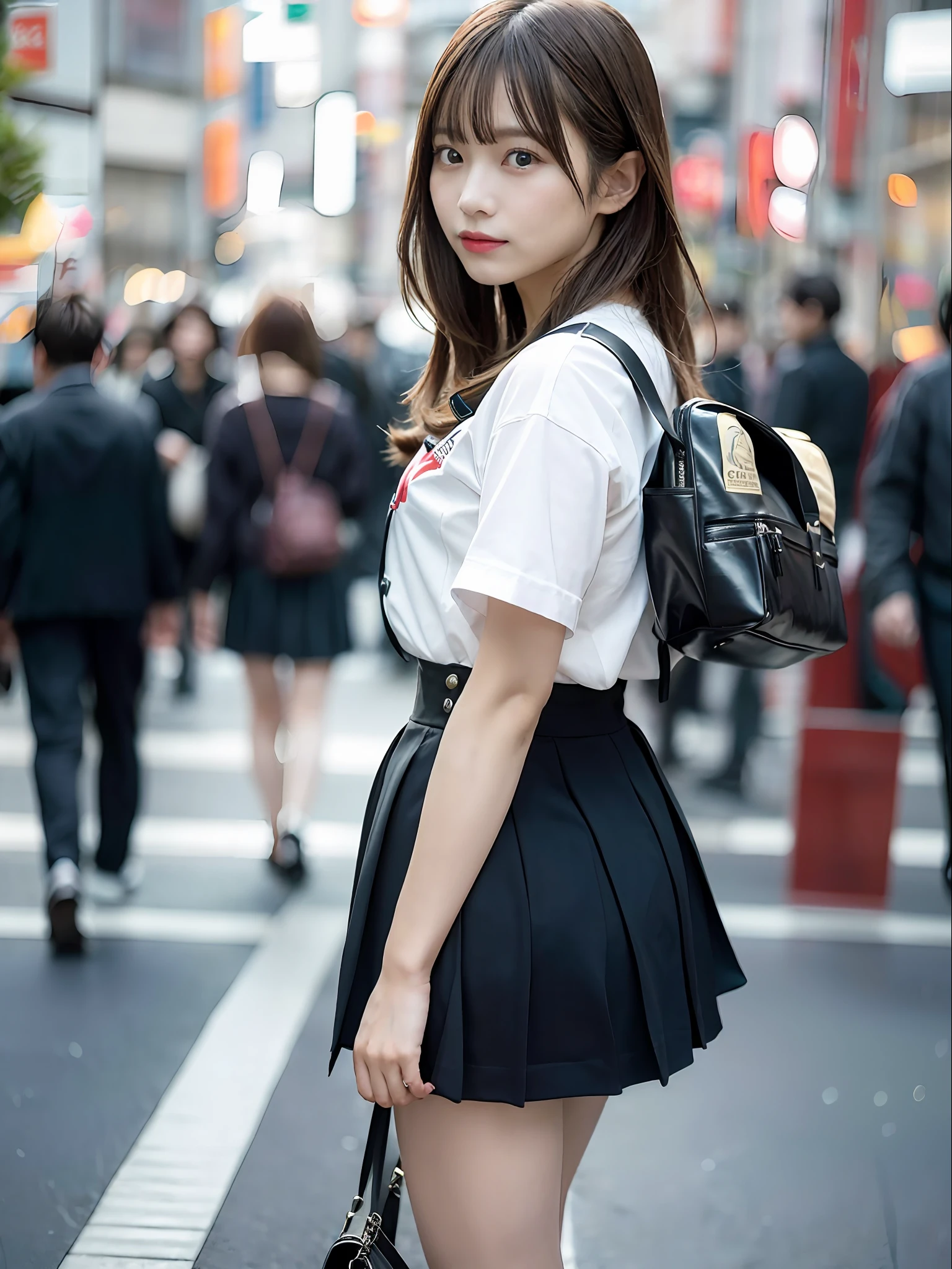 Ultra top quality, masterpiece, ultra high resolution, (photorealistic: 1.4), highly detailed CG Unity 8k wallpaper, detailed and complex, original, high resolution, raw photo, (perfect figure), fine and complex, DSLR, soft lighting, high quality, film grain, Leica camera, 50mm lens, backlight, HDR, hyperrealistic, color grade, dynamic pose, portrait, Japan person, smile, lips, bangs, (crowded akihabara: 1.2), front view viewer, natural light, girl, 20 years old, full body, solo, student, junior high school, uniform, sailor color, bobby socks, pleated skirt, daytime, on the street, deep shadow, cute, beauty, discreet, cold light 12000K \ Street, store status, Akihabara, Shinjuku, Shibuya, Ikebukuro