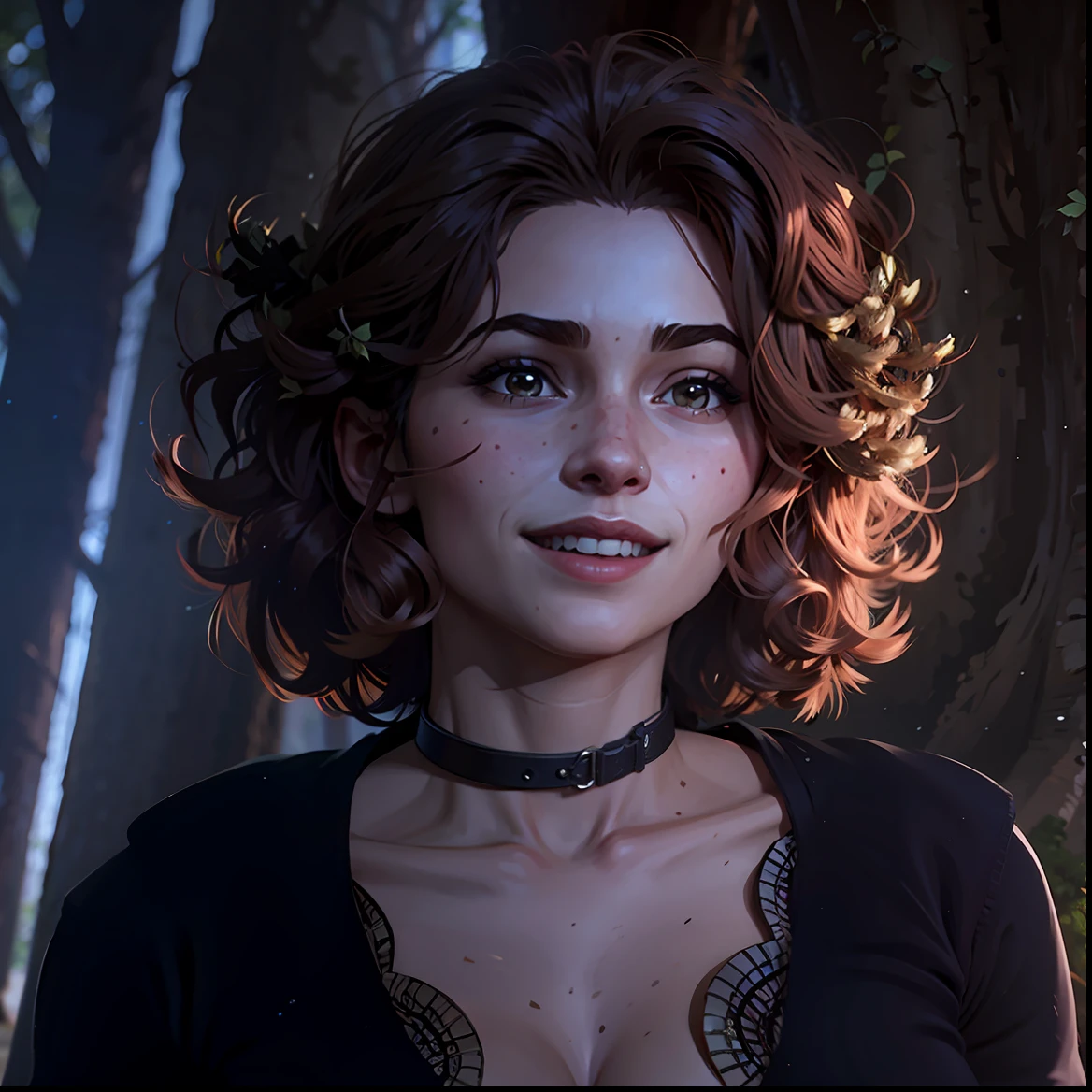 a hyper-realistic portrait of a young woman, smiling, inside a forest, in the middle of nature, 22 years old, realistic, (lying on her side), sexy, (huge breasts 2:1), short brown hair, (hair tied with bows), curved, SFW