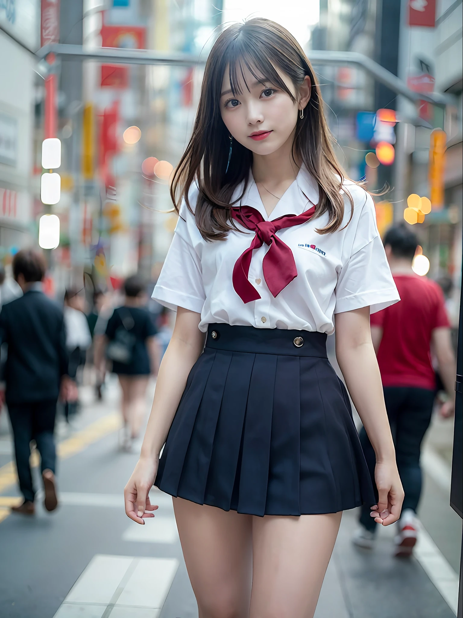 Ultra top quality, masterpiece, ultra high resolution, (photorealistic: 1.4), highly detailed CG Unity 8k wallpaper, detailed and complex, original, high resolution, raw photo, (perfect figure), fine and complex, DSLR, soft lighting, high quality, film grain, Leica camera, 50mm lens, backlight, HDR, hyperrealistic, color grade, dynamic pose, portrait, Japan person, smile, lips, bangs, (crowded akihabara: 1.2), front view viewer, natural light, girl, 20 years old, full body, solo, student, junior high school, uniform, sailor color, bobby socks, pleated skirt, daytime, on the street, deep shadow, cute, beauty, discreet, cold light 12000K \ Street, store status, Akihabara, Shinjuku, Shibuya, Ikebukuro