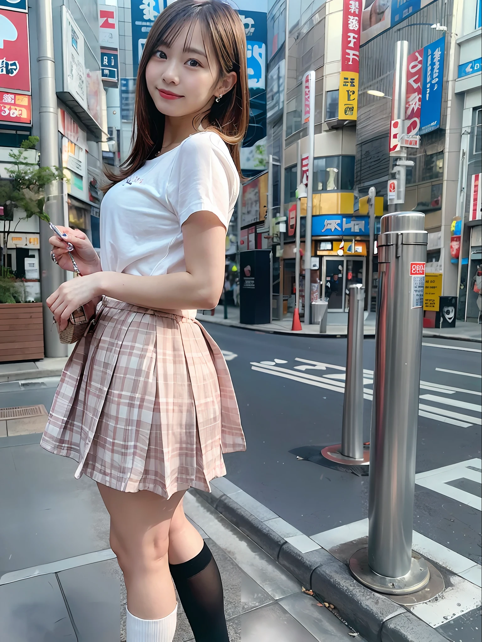 Ultra top quality, masterpiece, ultra high resolution, (photorealistic: 1.4), highly detailed CG Unity 8k wallpaper, detailed and complex, original, high resolution, raw photo, (perfect figure), fine and complex, DSLR, soft lighting, high quality, film grain, Leica camera, 50mm lens, backlight, HDR, hyperrealistic, color grade, dynamic pose, portrait, Japan person, smile, lips, bangs, (crowded akihabara: 1.2), front view viewer, natural light, girl, 20 years old, full body, solo, student, junior high school, uniform, sailor color, bobby socks, pleated skirt, daytime, on the street, deep shadow, cute, beauty, discreet, cold light 12000K \ Street, store status, Akihabara, Shinjuku, Shibuya, Ikebukuro