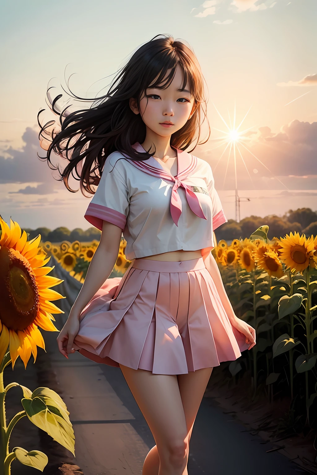 Beautiful morning sun looking at sunflower fields、The image of Japan 18-year-old high school girls standing there shines。She wears a pale pink sailor suit.、Short skirt swaying in the wind。 --auto