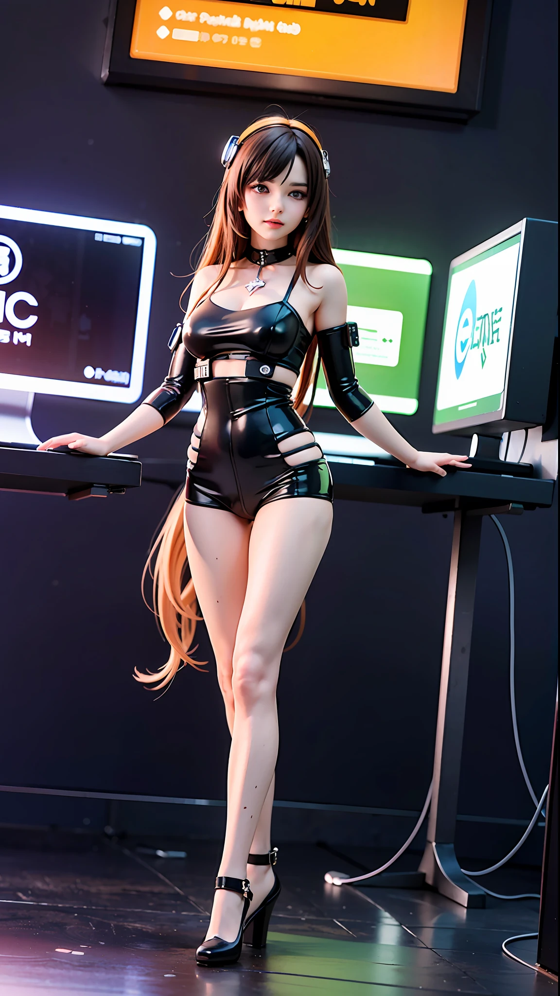 ((Best quality)), ((masterpiece)), (highly detailed:1.3), 3D, beautiful (cyberpunk:1.3) female hacker with thick voluminous hair operating a computer terminal, computer servers, LCD screens, fibre optic cables, corporate logos,HDR (High Dynamic Range),Ray Tracing,NVIDIA RTX,Super-Resolution,Unreal 5,Subsurface scattering,PBR Texturing,Post-processing,Anisotropic Filtering,Depth-of-field,Maximum clarity and sharpness,Multi-layered textures,Albedo and Specular maps,Surface shading,Accurate simulation of light-material interaction,Perfect proportions,Octane Render,Two-tone lighting,Low ISO,White balance,Rule of thirds,Wide aperature,8K RAW,Efficient Sub-Pixel,sub-pixel convolution,luminescent particles,