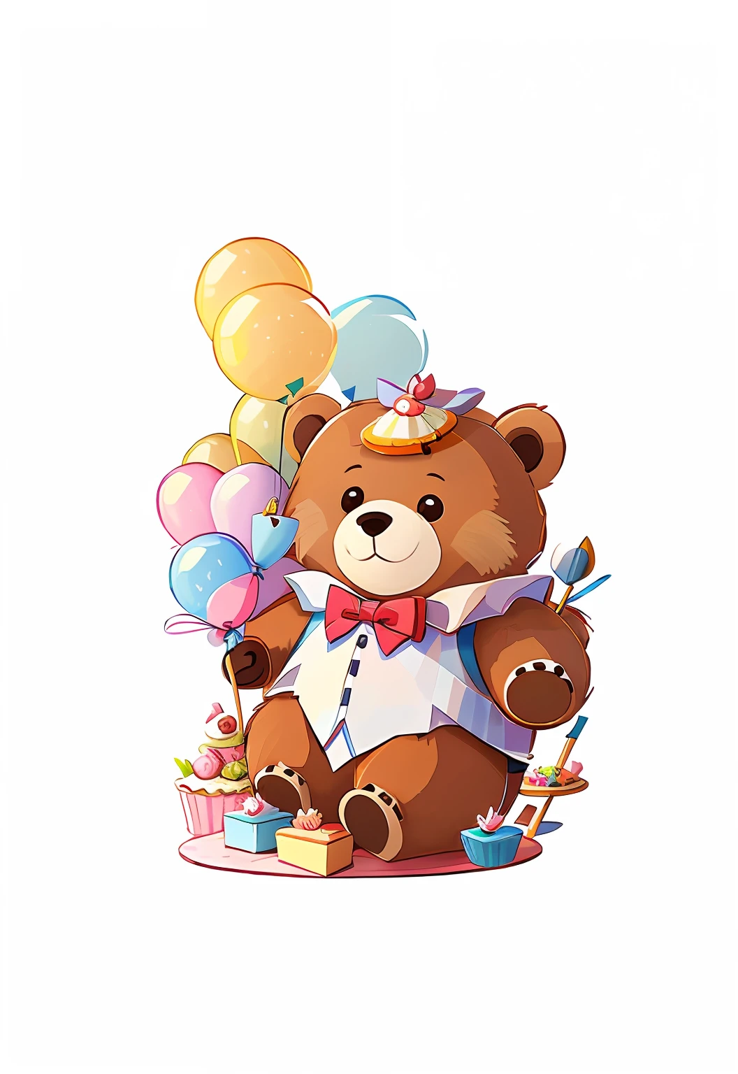 Cartoon bear with bow tie and birthday cake, toy bear, Cute detailed digital art, portrait of anthropomorphic bear, lovely digital painting, A beautiful artwork illustration, High-quality fanart, adorable digital art, lovely art style, loish van baarle, telegraph stickers design, miniature bear, Teddy bear with gun,minimal style,Flat illustration style
