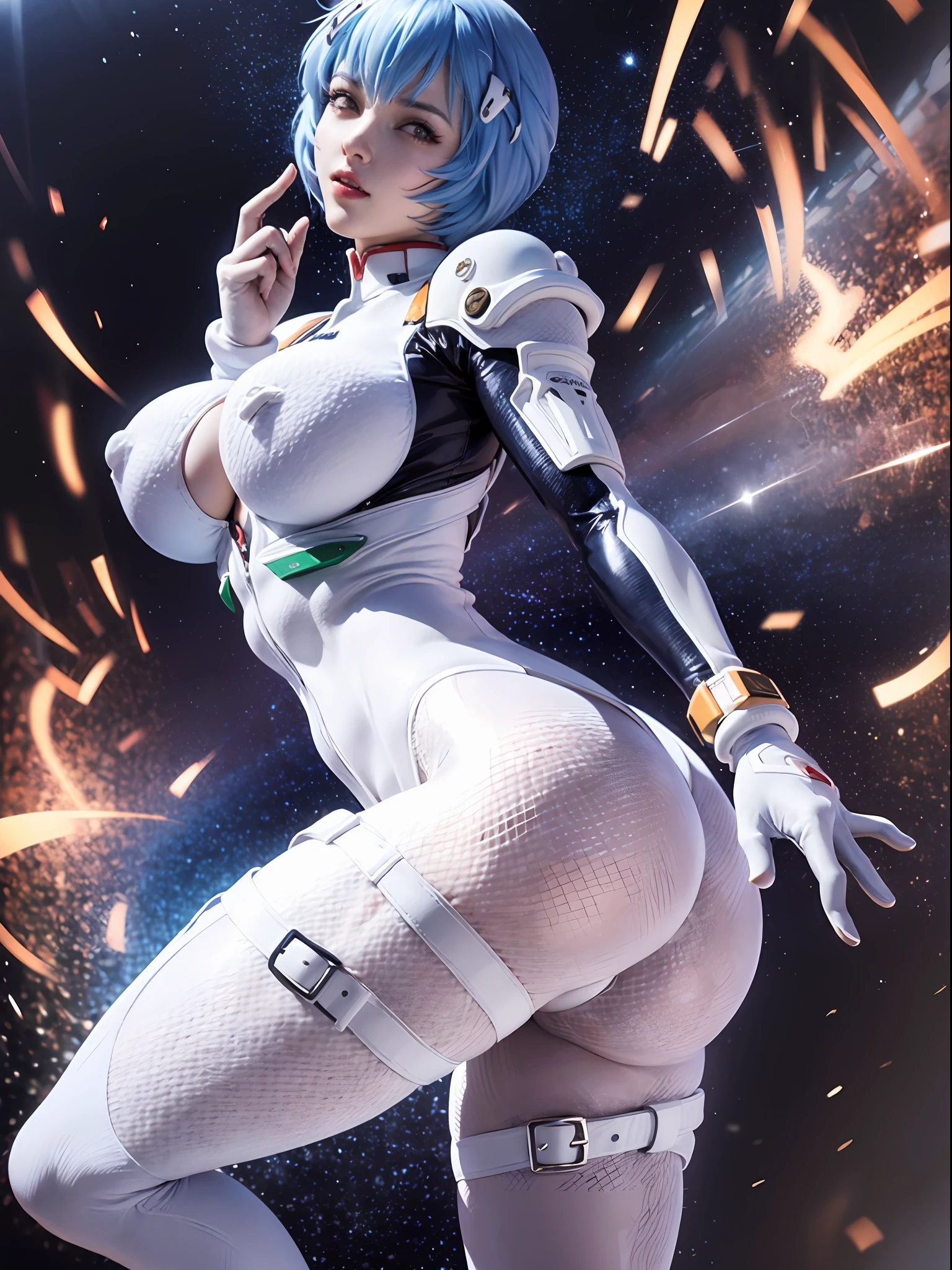 Photorealistic, Show from the hips to the shoulders, girl,Woman,Female, young, 20 years old, beatiful detailed eyes, Log Cabage,bright skin, White skin, absurderes,High Art, Ridiculous resolution, High resolution, (masutepiece:1.4), super detailed, 1 Awkward Girl, Smooth skin, shiny milky skin, Colossal tits, Big ass , venusbody, doress、thick juicy thighs, 鎖骨, Cleavage Closed mouth, Smile, Cute face,Abs(, muscularwoman,) best quality,highly detailed,masterpiece,ultra-detailed,solo,1girl,(white background:1.5),(Delicate eyes),plugsuit, 1girl, star_\(sky\), short_hair, starry_sky, bodysuit, ayanami_rei, solo, night_sky, red_eyes, red_background, breasts, white_bodysuit, eyepatch, pilot_suit, lance_of_longinus, bangs, light_particles, interface_headset, (masterpiece:1.2), (best quality), (ultra detailed), (8k, 4k, intricate),(full-body-shot:1), (highly detailed:1.2),(detailed face:1.2), (detailed background),detailed landscape, (dynamic angle:1.2), (dynamic body), huge ass, huge boobs, Rei ayanami