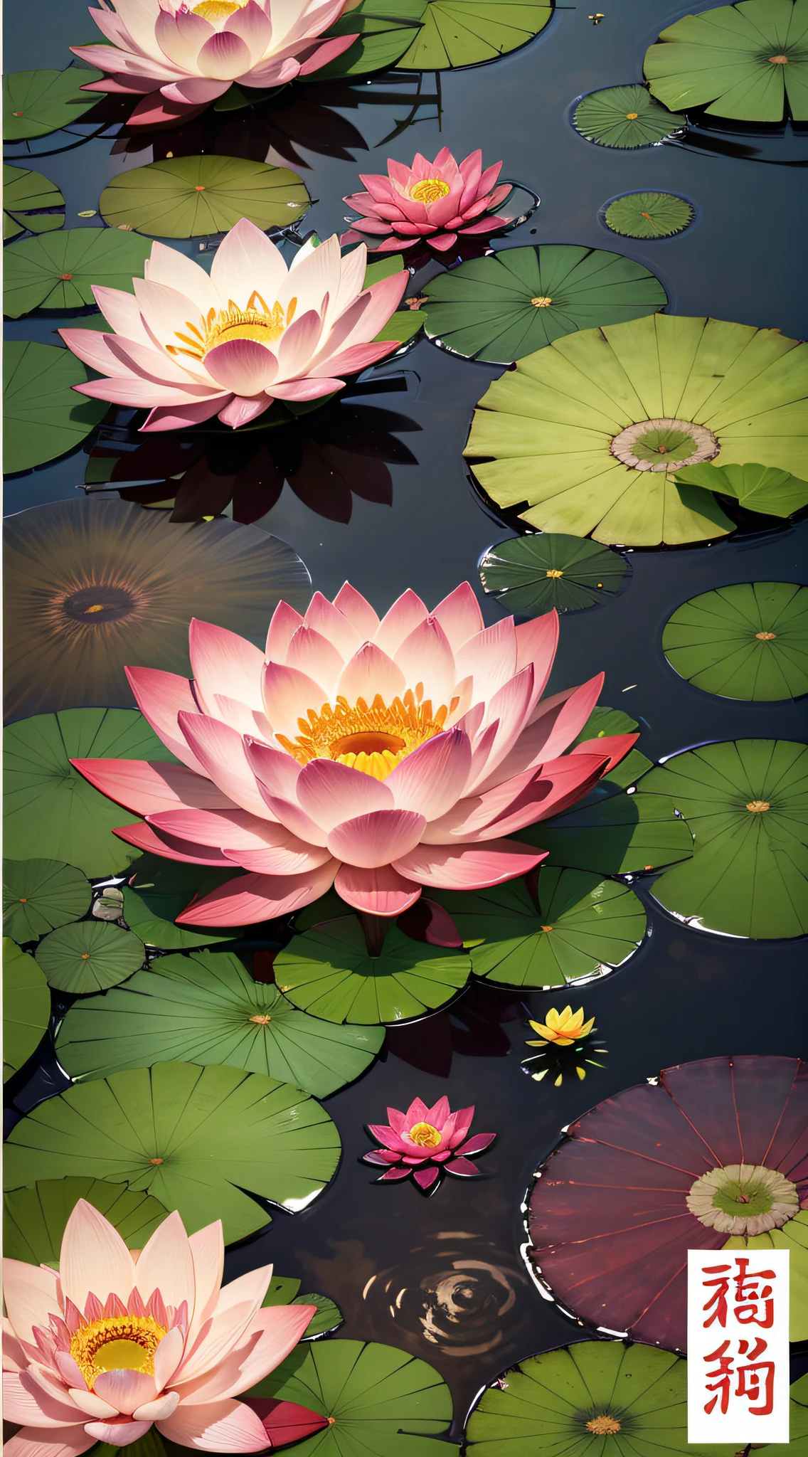 (Big summer poster),(best qualtiy),tmasterpiece,best qualtiy,(8k wallpaper)(best qualtiy),(Most Best Illustration),夏天,(lotuses ,Lotus leaf),ponds, ultra-detailliert