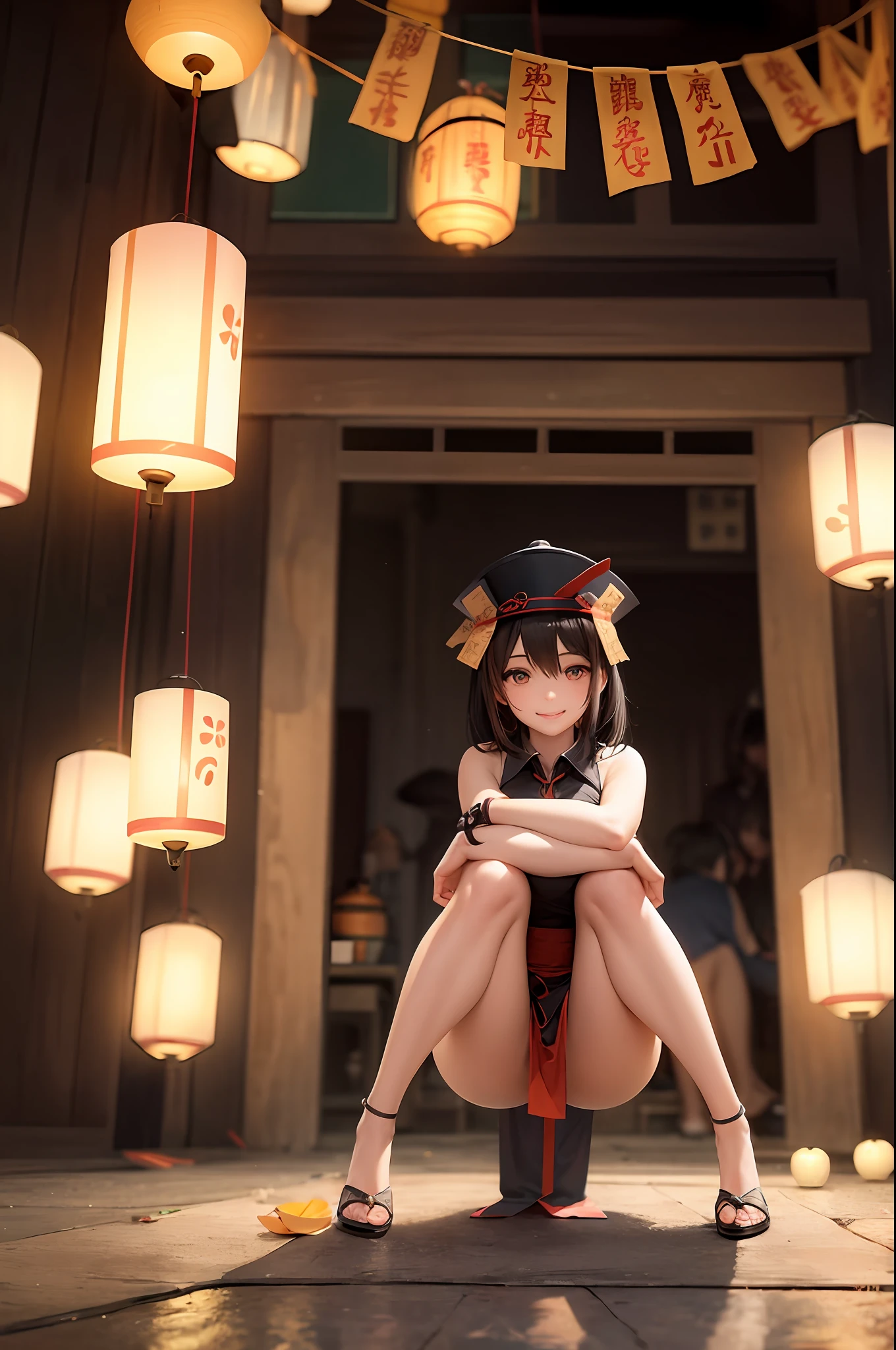 masterpiece,1girl in,独奏,A dark-haired,Lower hair,Hats,light_Smile,Transparent Ofuda,Spreading legs,Ceramic Dresses,Cross your arms,full body Esbian,plein air,Hanging lanterns,natta,East section name,