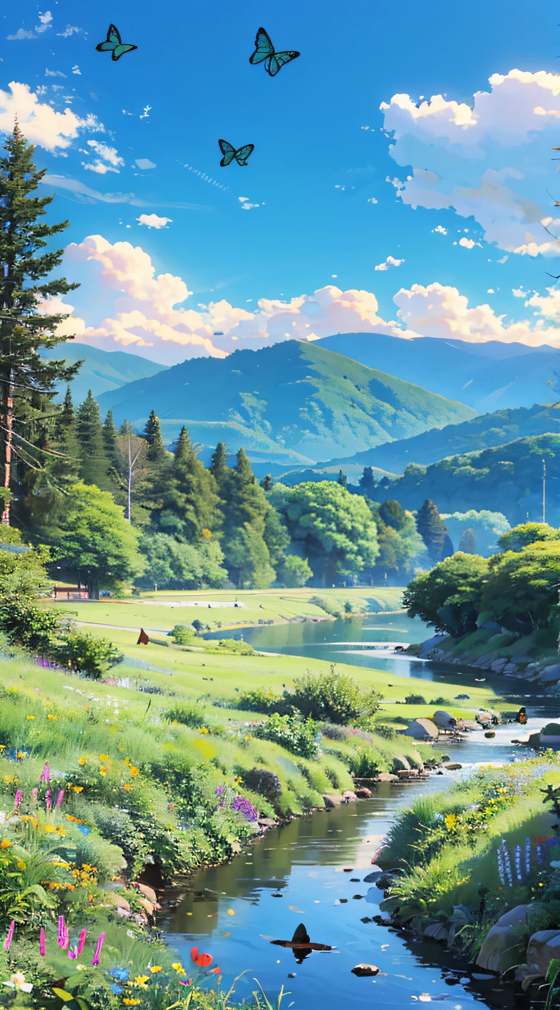 Distant scenery,Green mountains,clear blue skies,Flocks of birds fly in the sky,There are butterflies everywhere,Small river around,tussock,There are flowers on the ground,a warm color palette