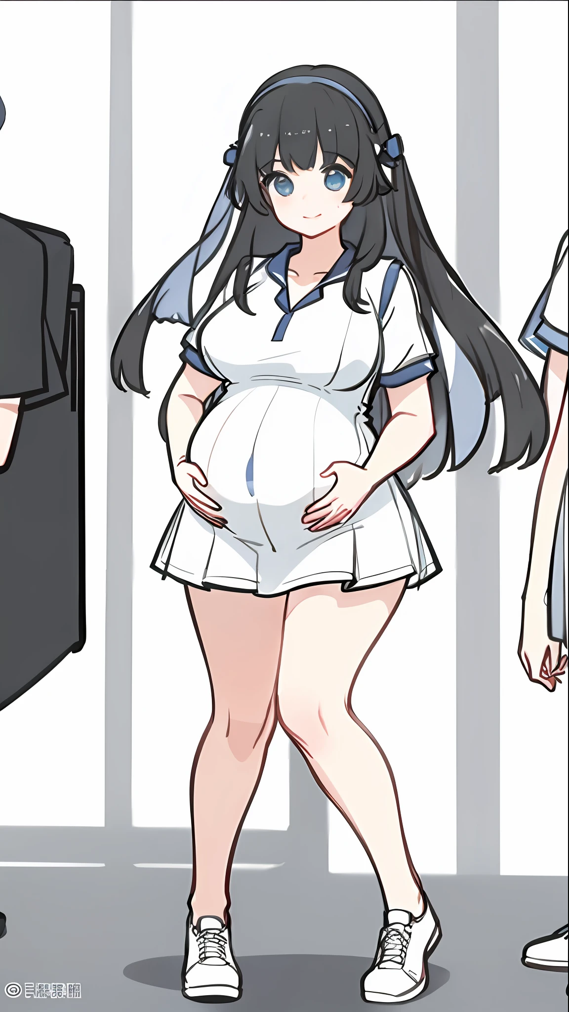 hoang lap、tmasterpiece、Best quality、realisticlying、Hyper-detailing、(Shiny skin,sweat leggs:1.4)、Slim、Look at the audience、1girll、Solo、tennis wear、White polo shirt、White sneakers、white mini-skirt、long whitr hair、silber hair、eBlue eyes、(thick thight:0.5)、动态照明、A high resolution、sharp fokus、depth of fields、Large breasts,Pregnant belly,Pregnant women with,a navel,A pair of hands,ssmile,Eyes are loving