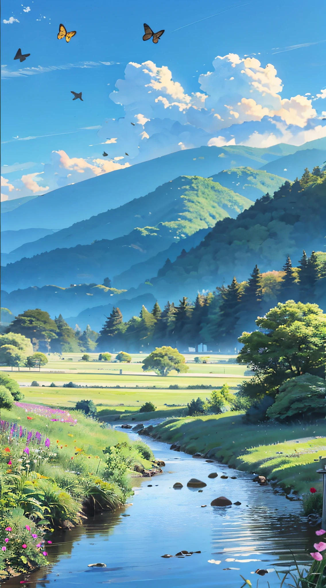 Distant scenery,Green mountains,clear blue skies,Flocks of birds fly in the sky,There are butterflies everywhere,Small river around,tussock,There are flowers on the ground,a warm color palette
