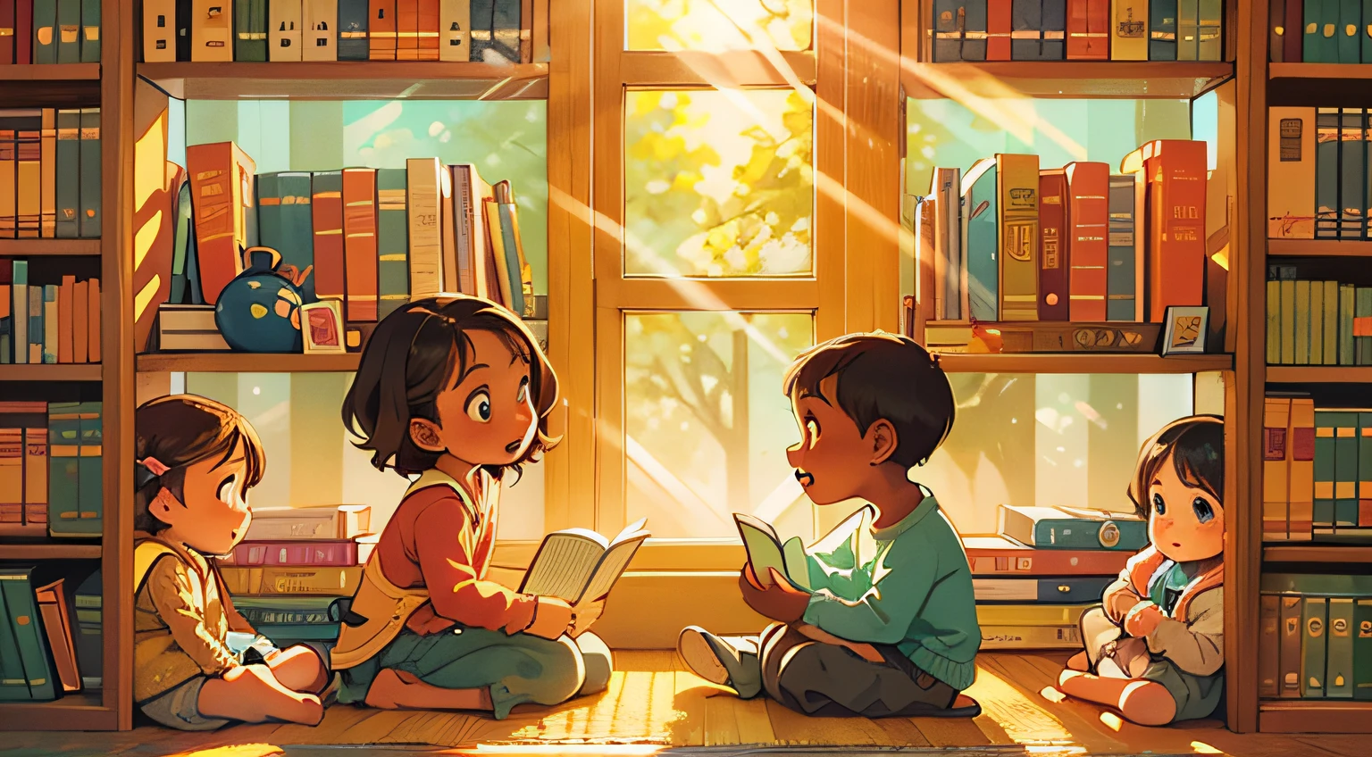 An adorable children's book cover, showcasing a group of diverse children sitting together in a cozy library, surrounded by shelves filled with colorful books, each child engrossed in their own story, as a beam of warm sunlight streams through the window, creating a magical atmosphere, Illustration, digital art,