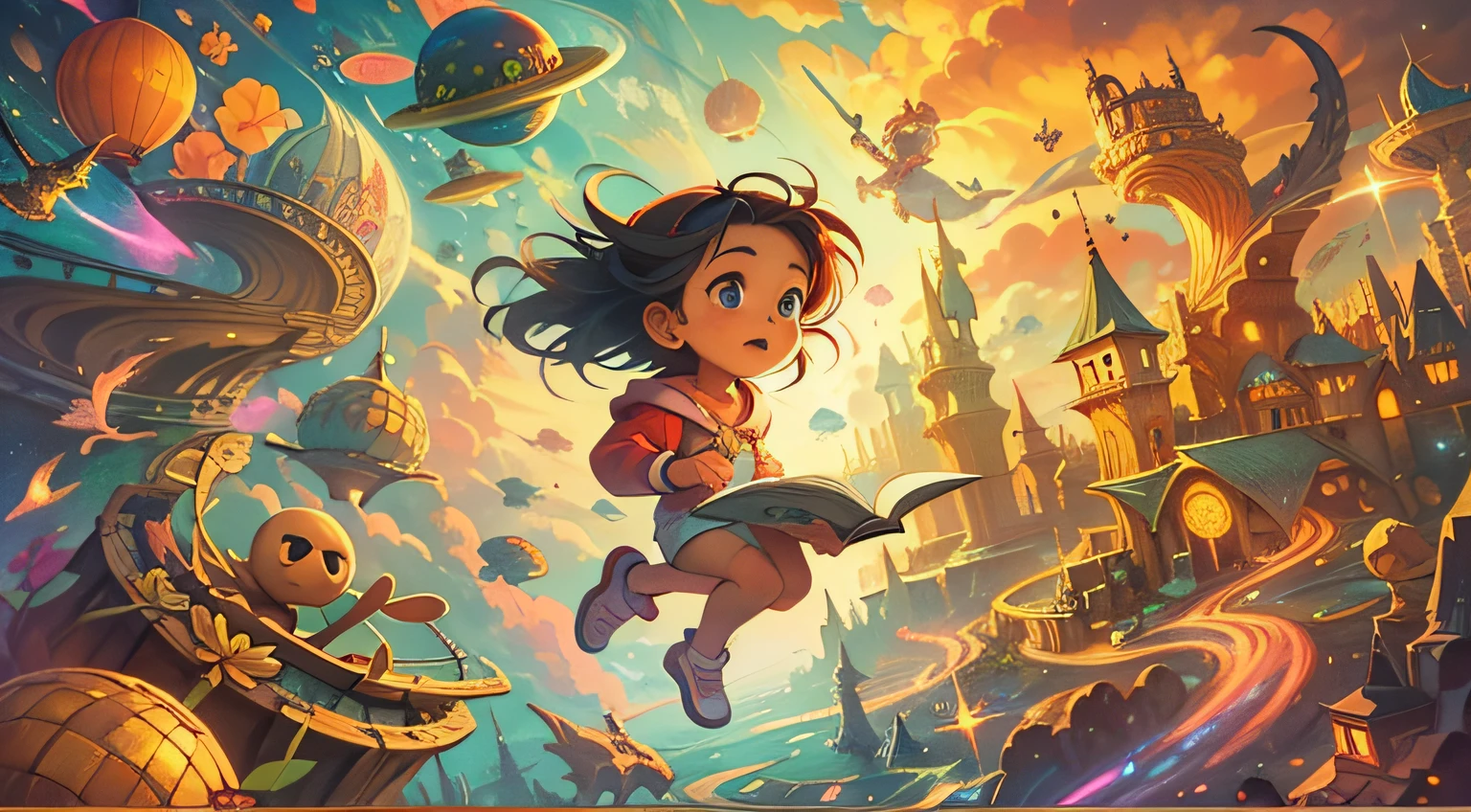 The mood of the children's book cover is filled with awe and amazement, as the young reader explores a world of fantasy and adventure through the pages of her book, surrounded by fantastical elements that spark her imagination and open up a universe of possibilities,