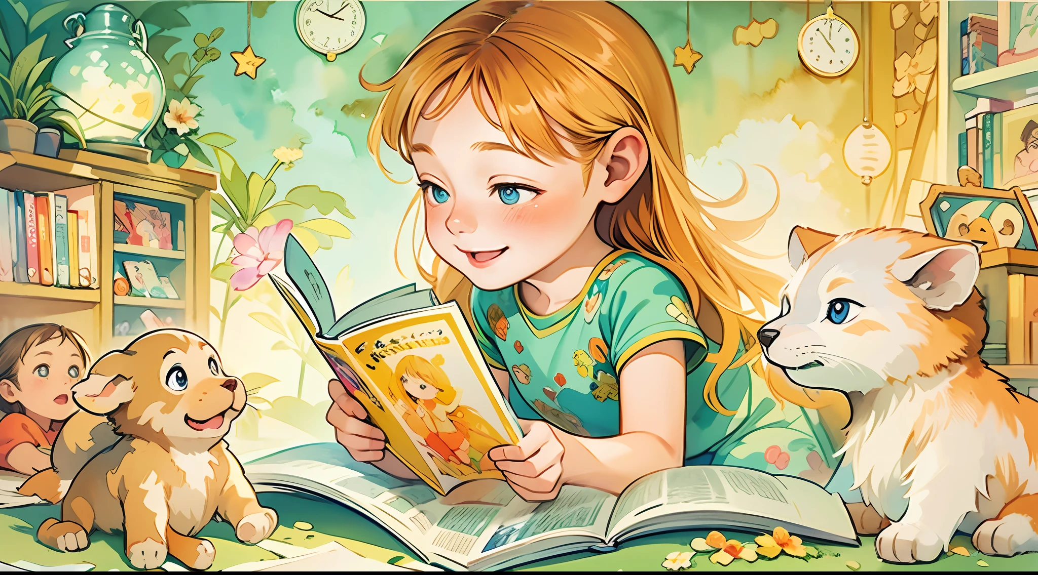 The atmosphere of the children's book radiates warmth and comfort, as the child on the cover experiences the joy of reading in a safe and nurturing environment, surrounded by friendly characters and magical elements that foster a sense of belonging and enchantment, Illustration, watercolor painting on paper