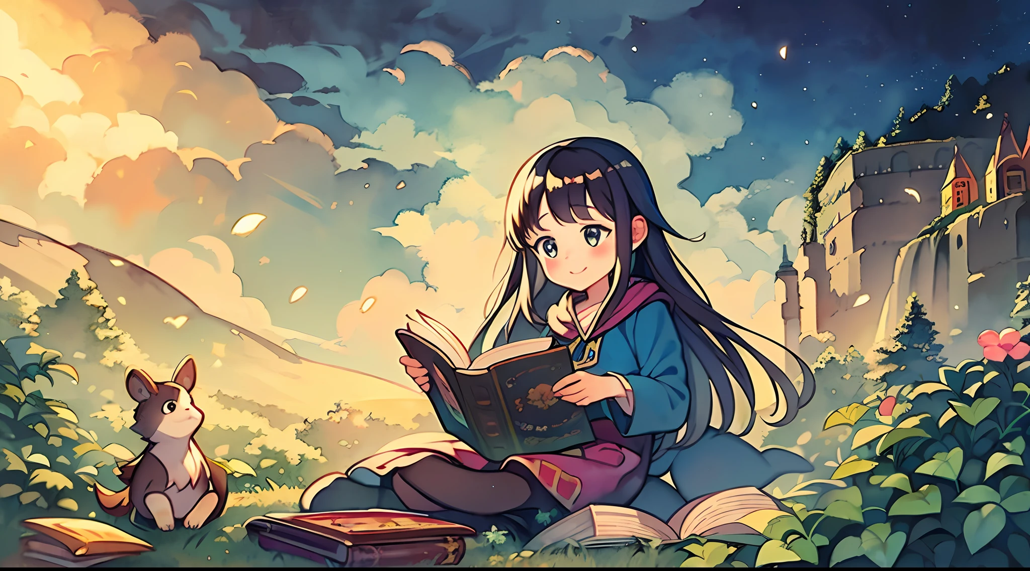 The atmosphere of the children's book radiates warmth and comfort, as the child on the cover experiences the joy of reading in a safe and nurturing environment, surrounded by friendly characters and magical elements that foster a sense of belonging and enchantment, Illustration, watercolor painting on paper