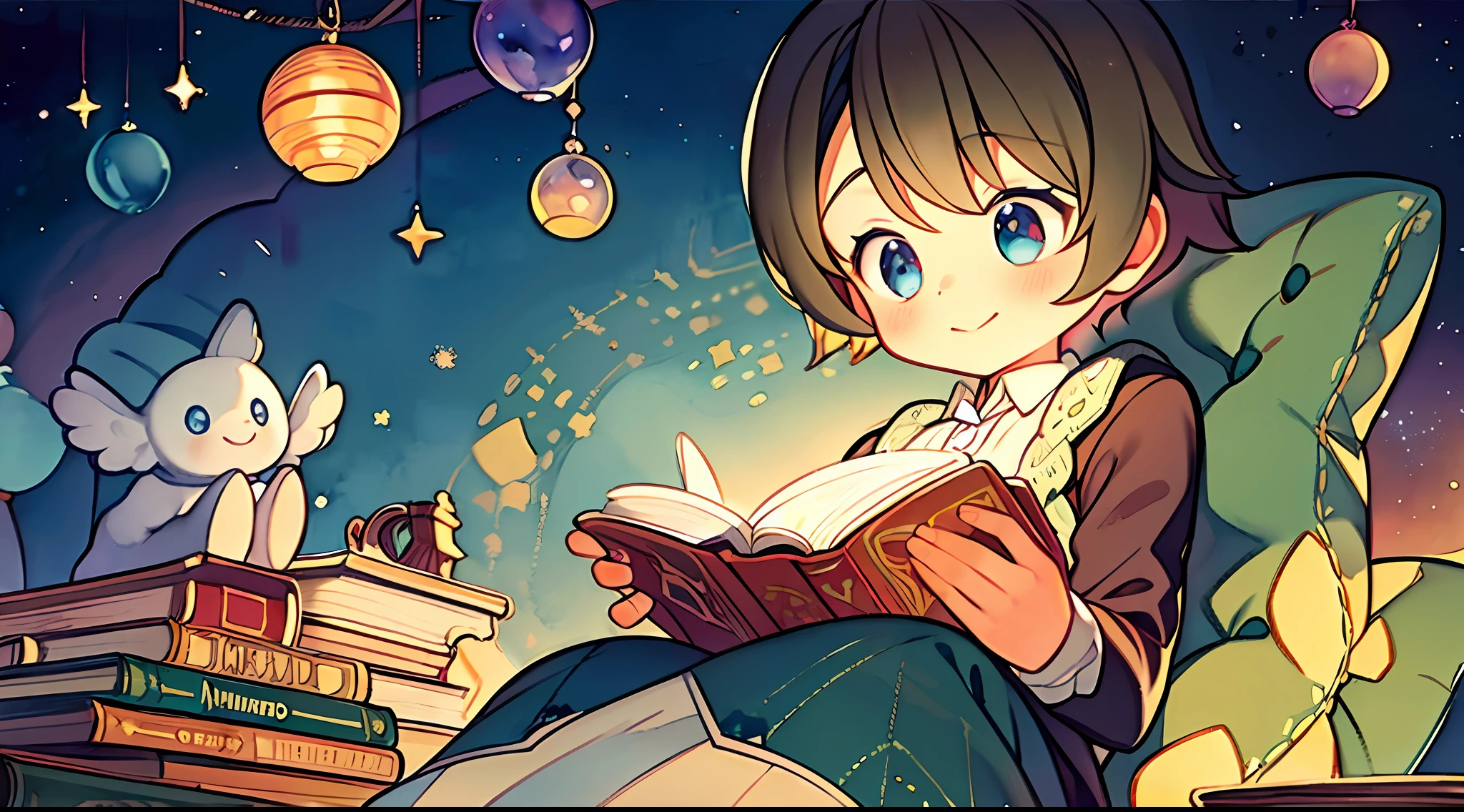The atmosphere of the children's book radiates warmth and comfort, as the child on the cover experiences the joy of reading in a safe and nurturing environment, surrounded by friendly characters and magical elements that foster a sense of belonging and enchantment, Illustration, watercolor painting on paper