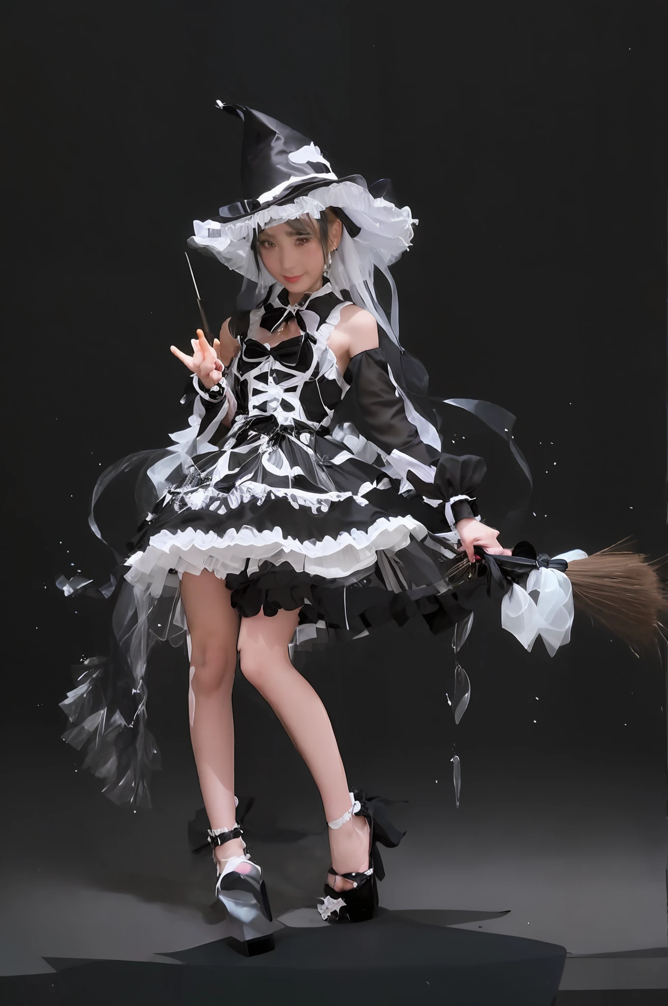 Arapei wore a black and white dress，Hat with broom, astral witch clothes, fashionable dark witch, Witch clothes, classical witch, cosplay of a catboy! maid! dress, kirisame marisa from touhou, style of magical girl, anime girl in a maid costume, flirty anime witch casting magic, gothic maiden anime girl, Witch clothes